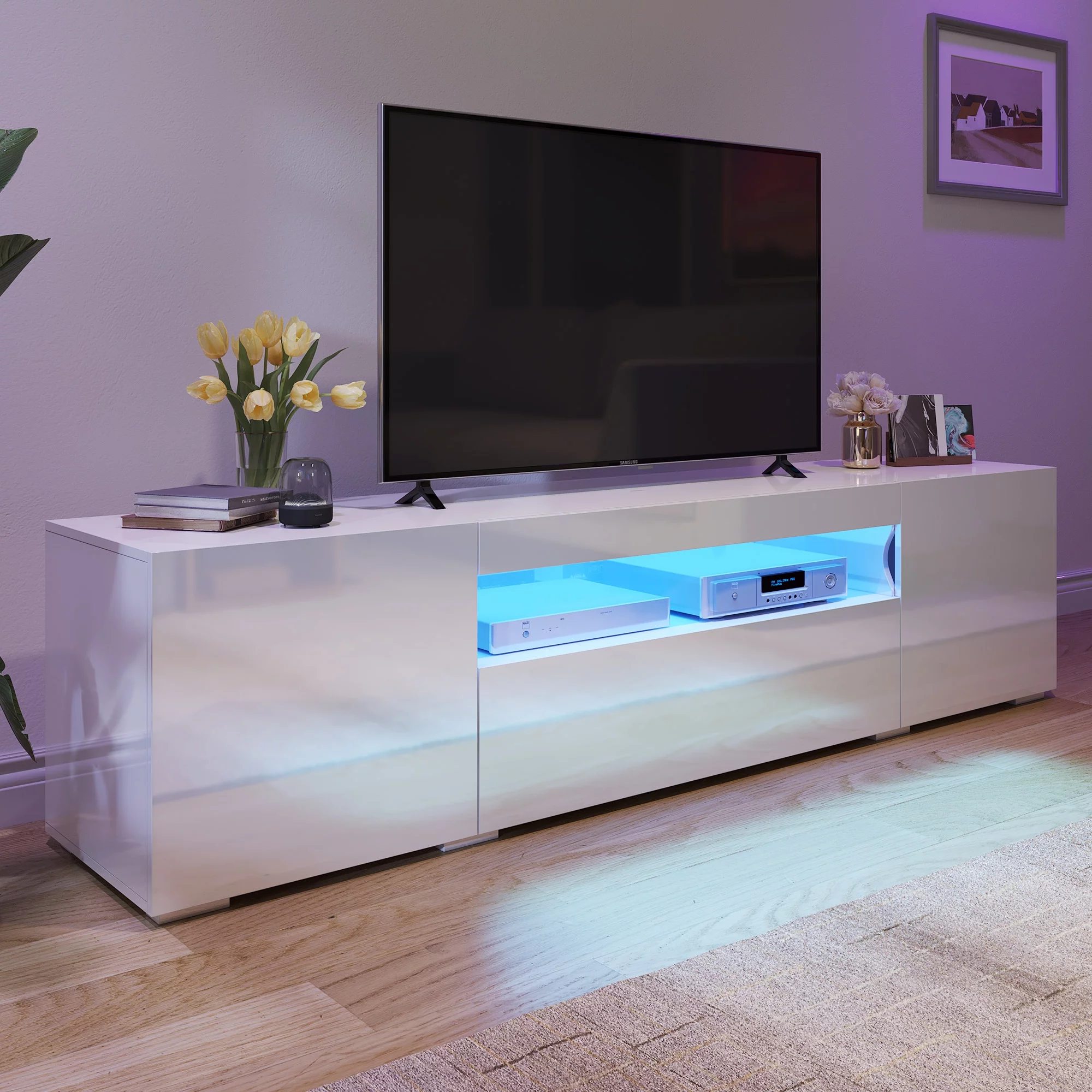 Dextrus Large LED TV stand for 75 inch TVs White High Glossy Media Center with 2 Cabinets and 1 Drawer for Living Room, 70