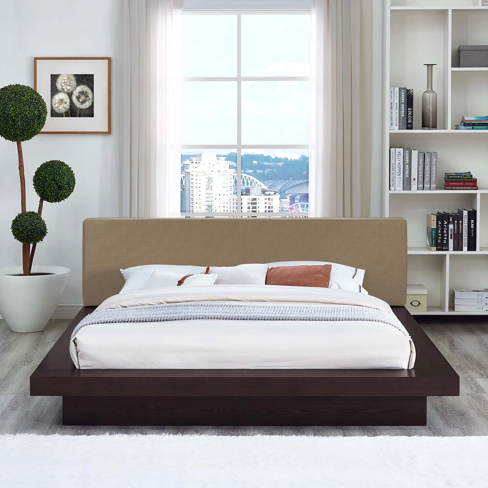 Modern Contemporary Urban Design Bedroom Queen Size Platform Bed Frame, Brown, Fabric Wood