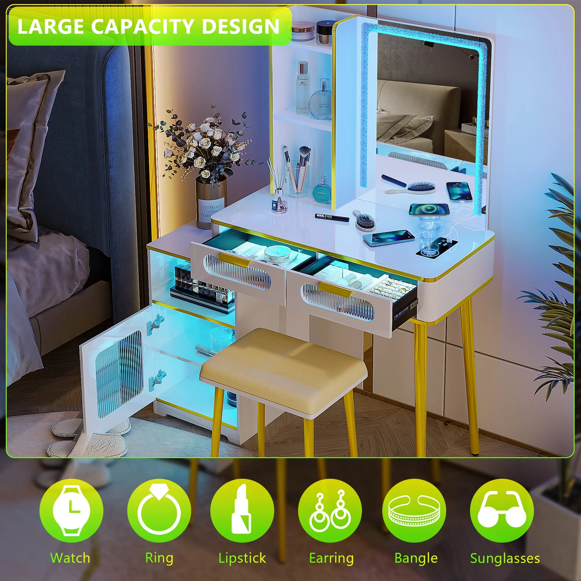 HNEBC Vanity Desk with Mirror and Lights, Vanity Set with Smart Voice Control LED Light, Makeup Vanity Has Wireless/USB/Type-C Charging Station, 2 Drawers, Vanity+Vanity Stool(White)