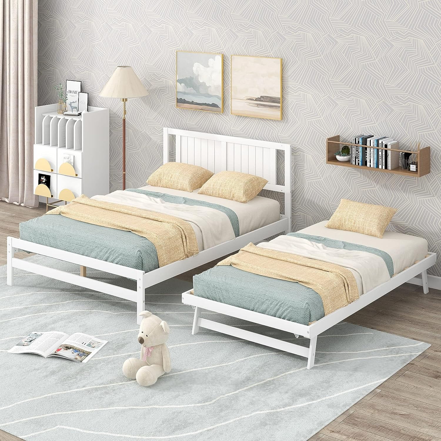 Extend Full Bed With Trundle, Convertible Platform Bed, Full Size Platform Bed With Headboard And Trundle For Kids Teens(White)