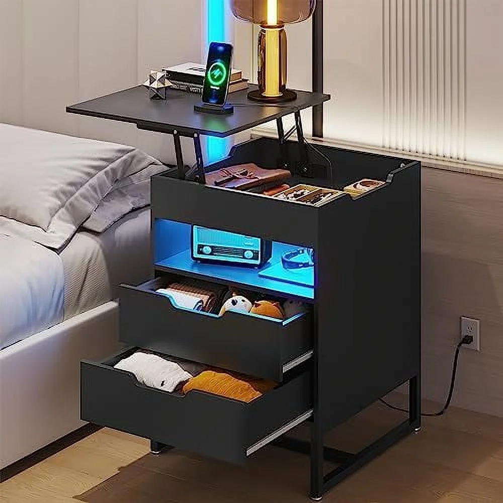 TJUNBOLIFE Nightstand with Charging Station and LED Lights Reversible Lift Top End Table with 2 Drawers Black Bedside Table for Bedroom