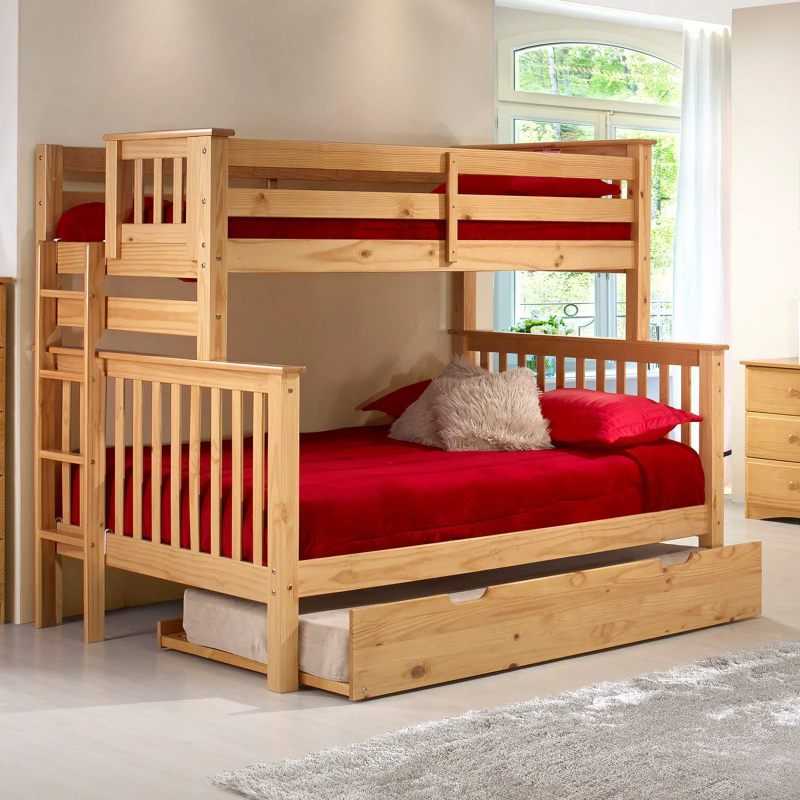Santa Fe Mission Tall Bunk Bed Twin over Full - Bed End Ladder - Multiple Finishes - with Under Bed Drawers