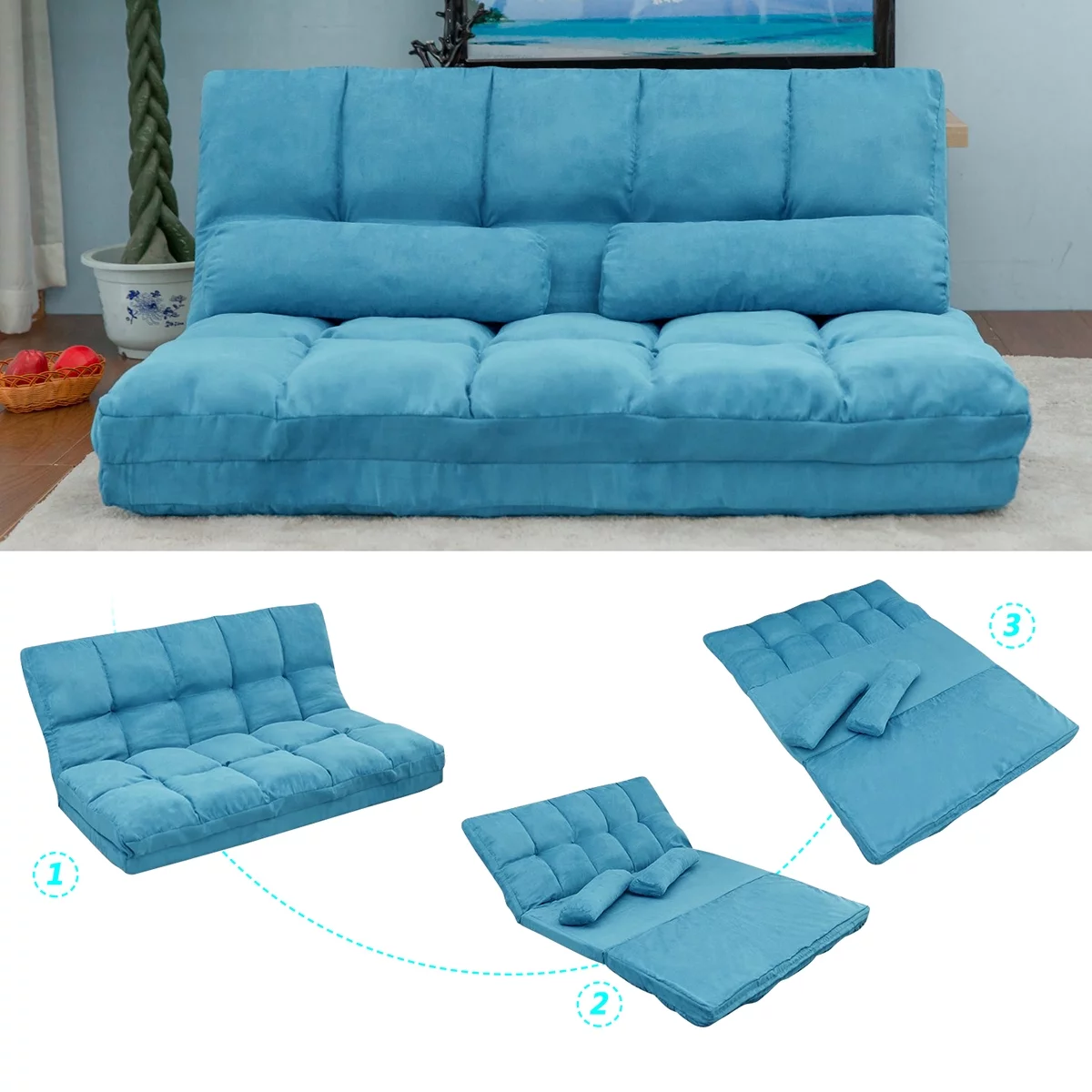 Double Chaise Lounge Sofa, Floor Sofa Bed Adjustable Sleeper Bed Futon Bed Sofa Couches 5-Position Reclining Sofa Lazy Sofa with Two Pillows Blue