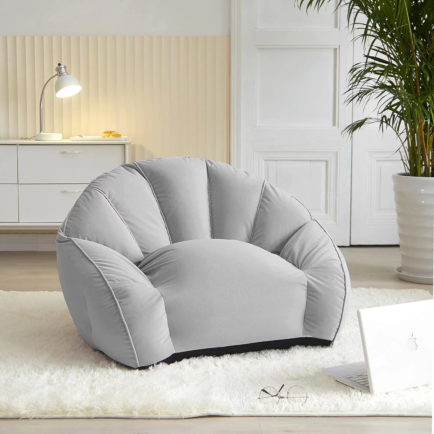 Urban Shop Velvet Plush Bean Bag Sofa Chair for Kids & Adults, Grey, 27