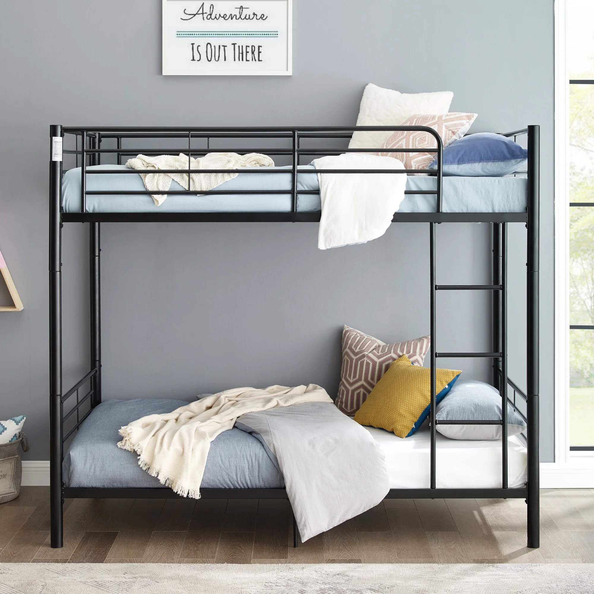 Walker Edison Premium Twin Over Twin Black Metal Bunk Bed, Black