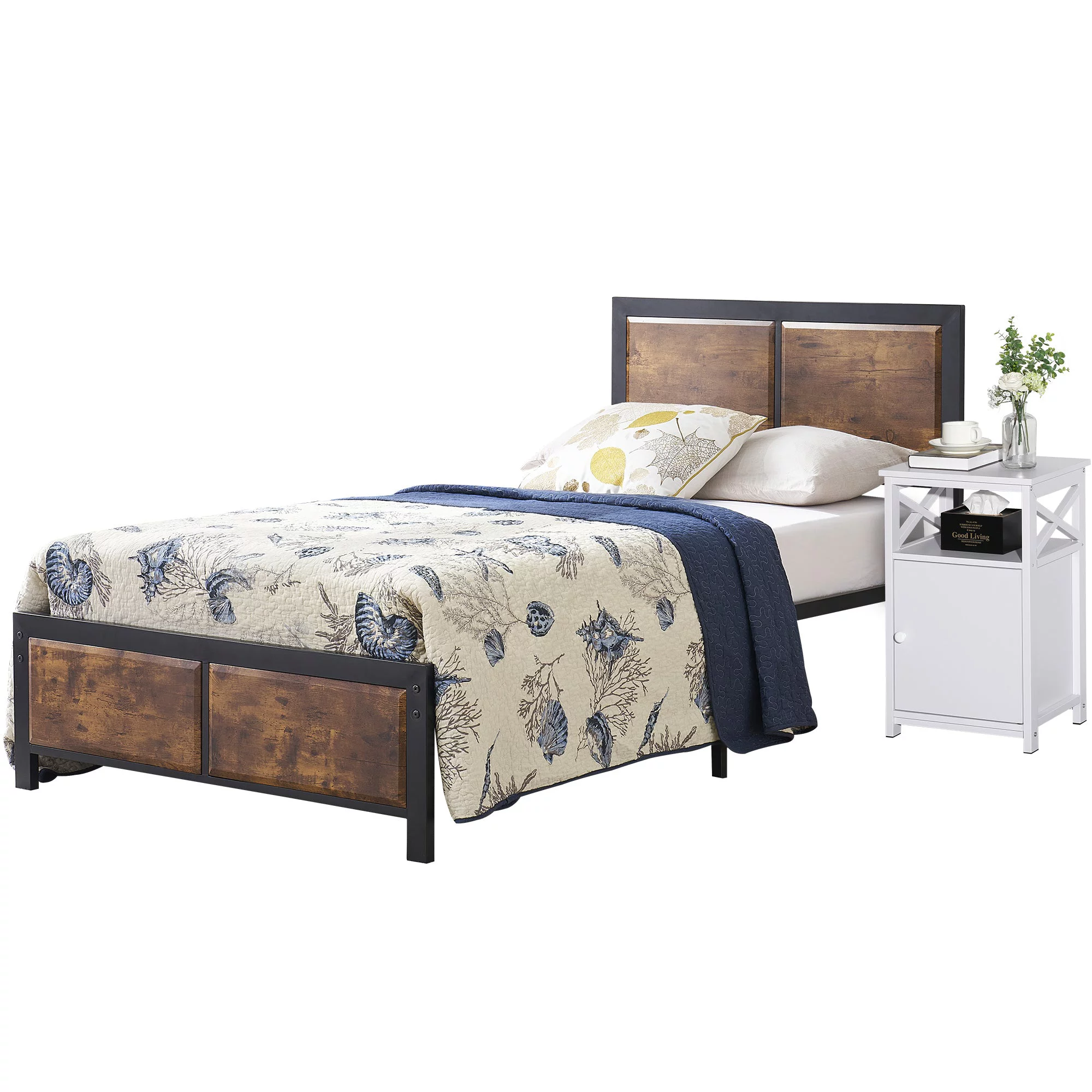 VECELO Twin Size Metal Platform Bed Frame and Nightstand, End Table with Cabinet, Wooden Headboard and Footboard