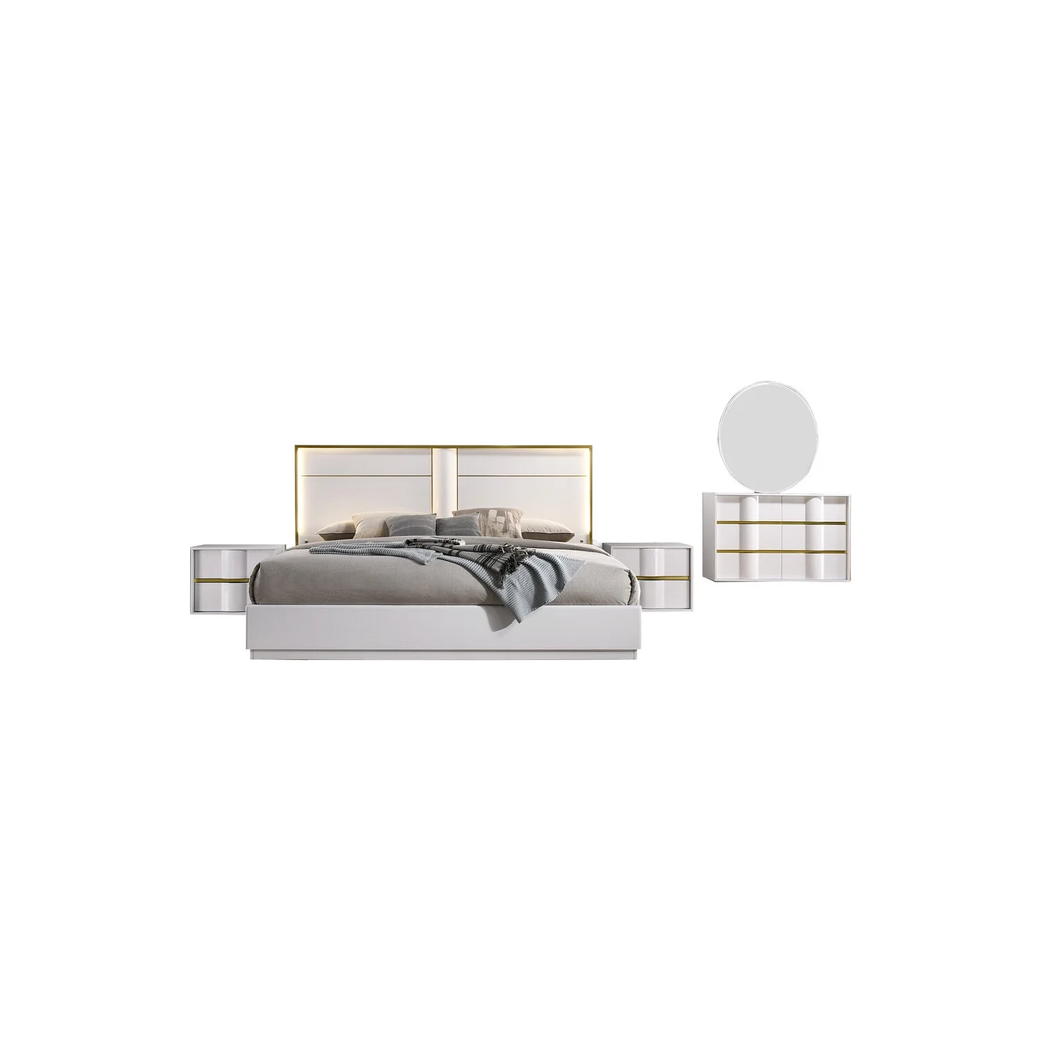 Best Master Havana 5-Piece Poplar Wood East King Bedroom Set in White/Gold Trim