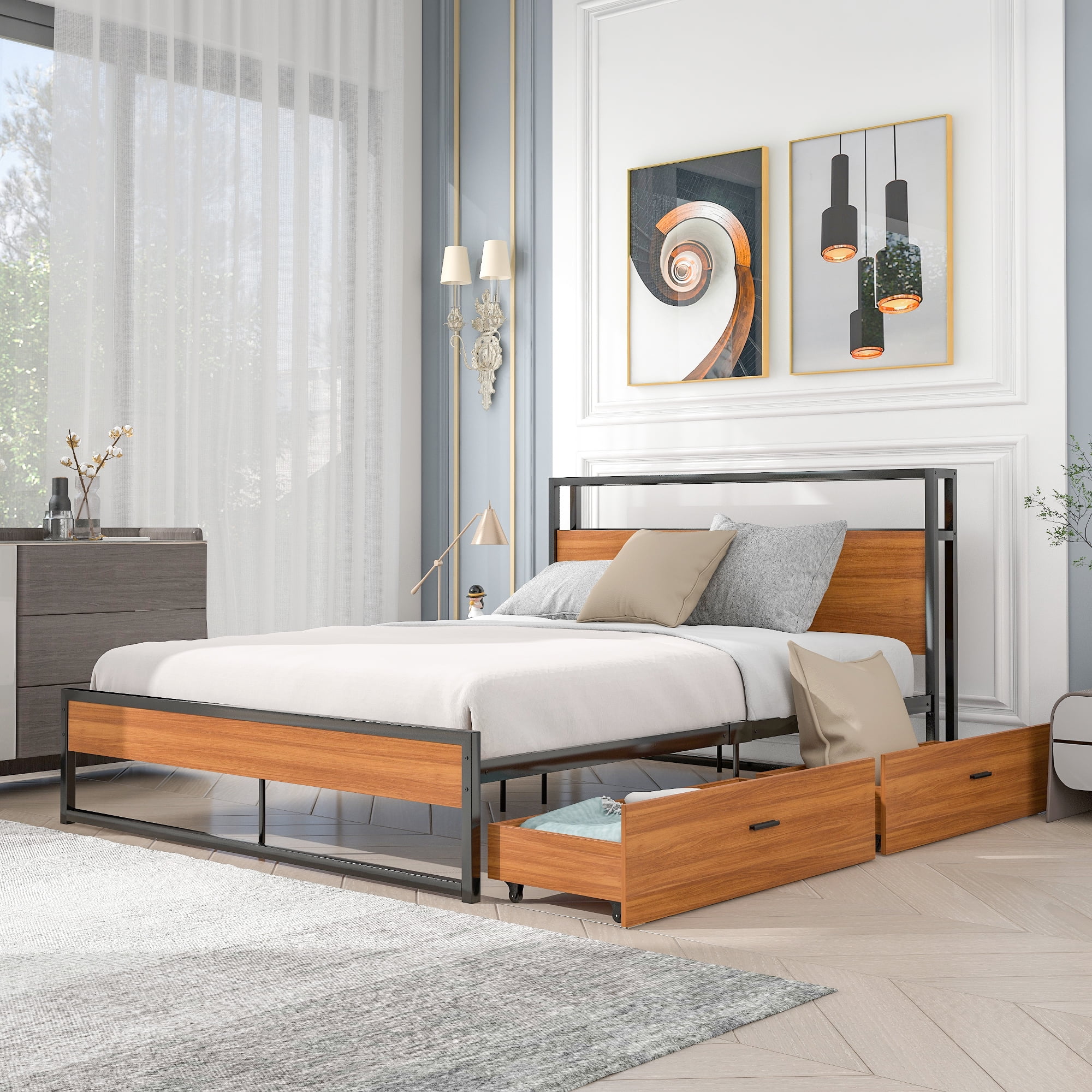 BTMWAY Metal Queen Bed Frame, Queen Size Platform Bed Frames with Wood Headboard, 2 Drawers, Sockets and USB Ports for Bedroom, No Box Spring Needed, Black