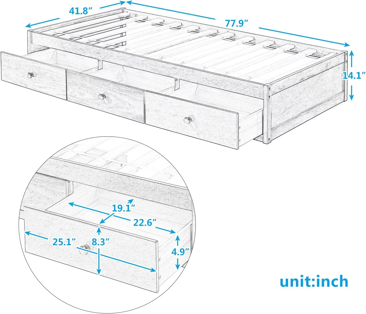 Storage Bed With 3 Drawers, Wood Platform Bed Frame With Storage Drawers, Bed Frame With Wood Slat Support, No Box Spring Needed,Cherry