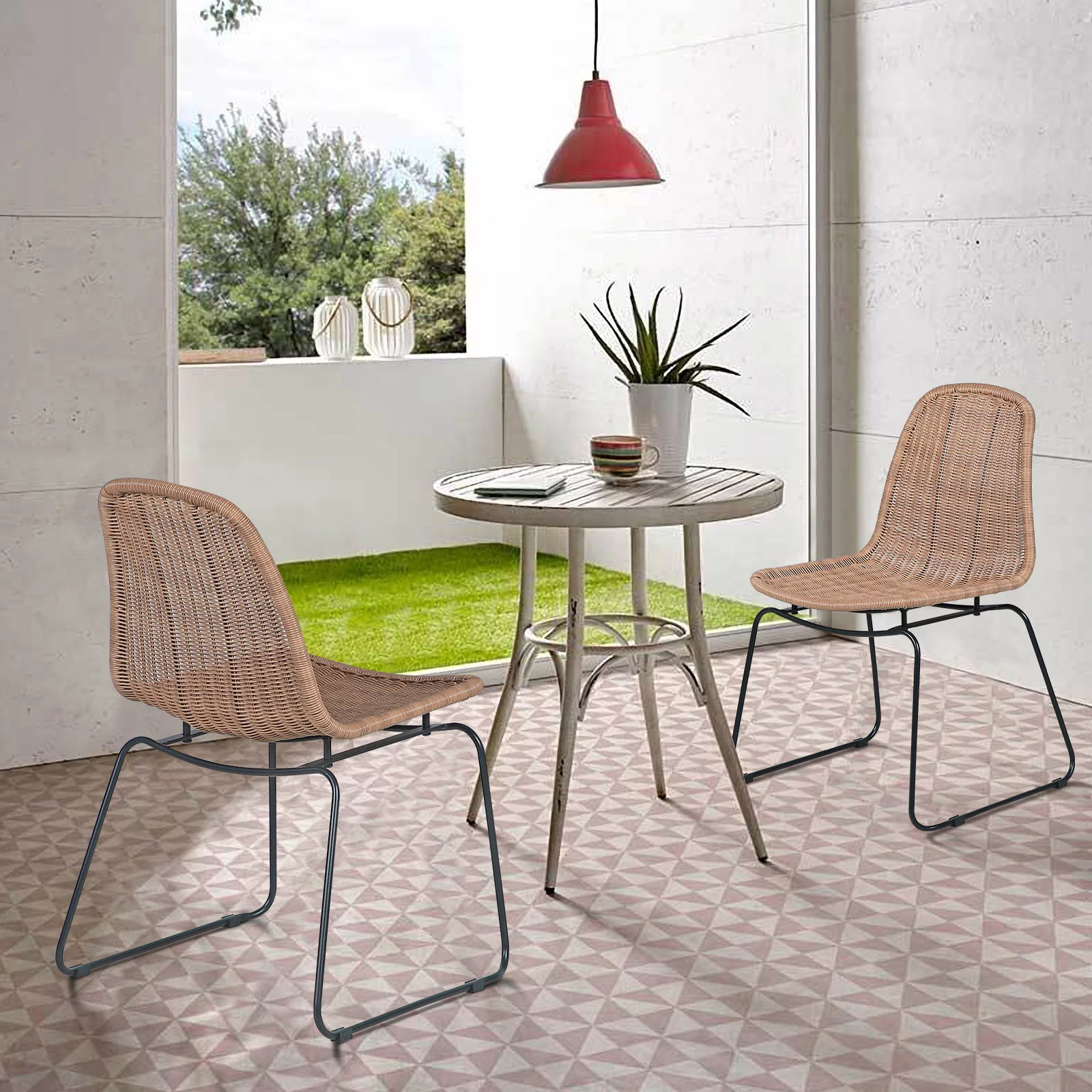 Outdoor Wicker Chairs, Patio Dining Chair, Rattan Armless Chairs with Curved Back, Indoor/Outdoor, Set of 2, Beige