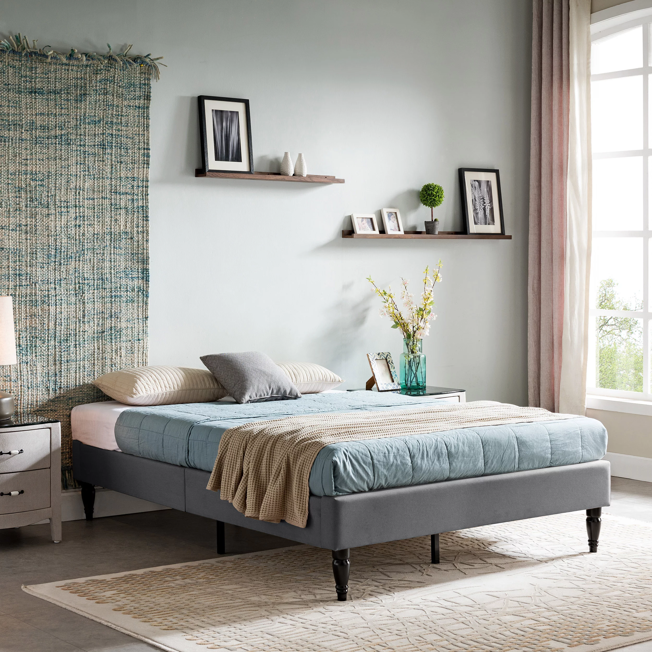 Lowe Contemporary Upholstered Queen Bed Frame with Turned Legs, Charcoal Gray and Black