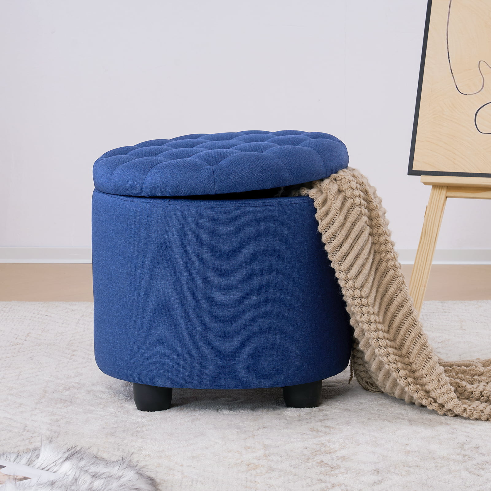 Furniliving Fabric Upholstered Large Round Storage Ottoman Linen Button-Tufted Ottoman with Removable Lid, DarkBlue