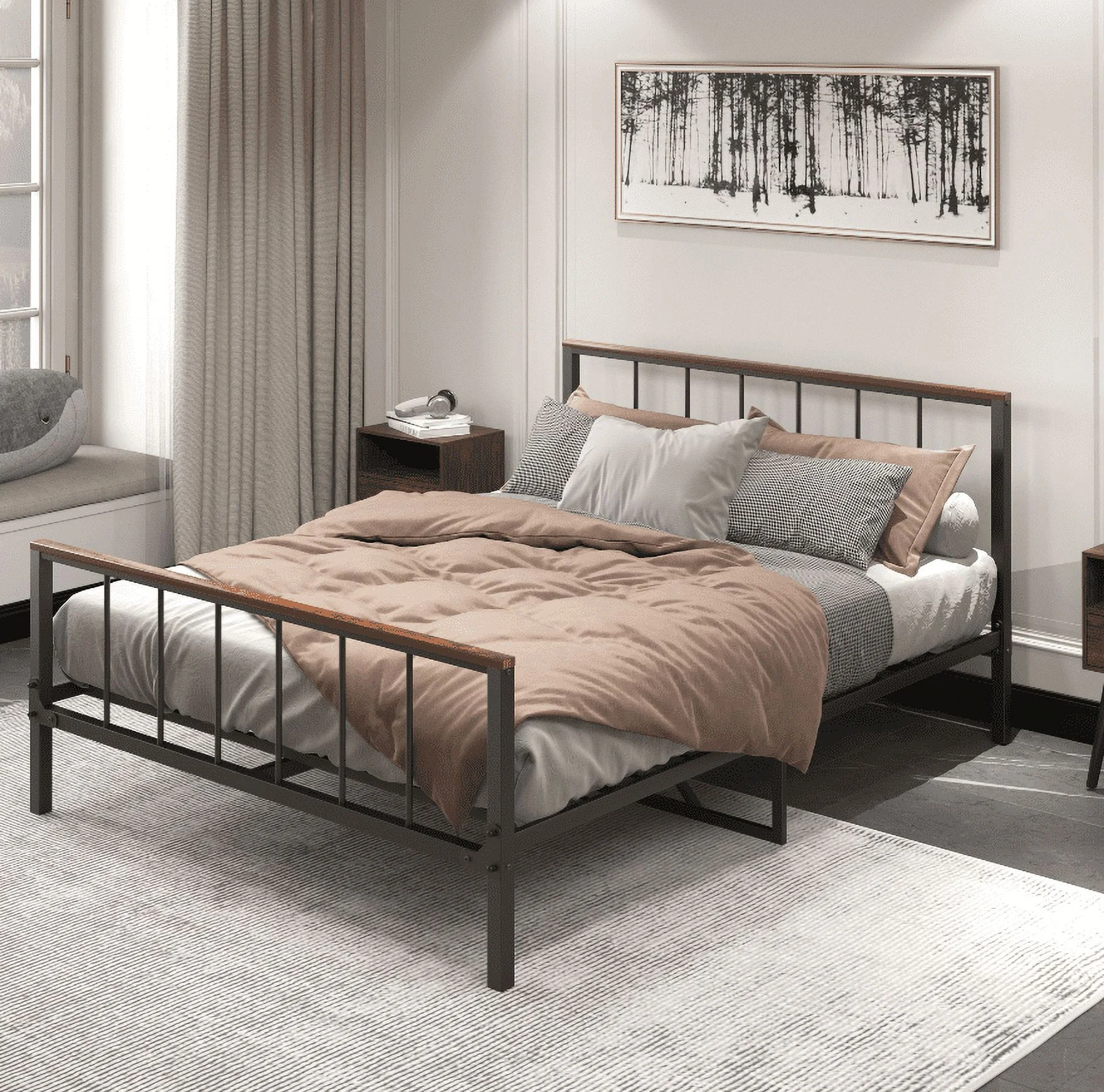 EUROCO Queen Size Metal Platform Bed with Shaped Headboard & Footboard for Living Room, Black