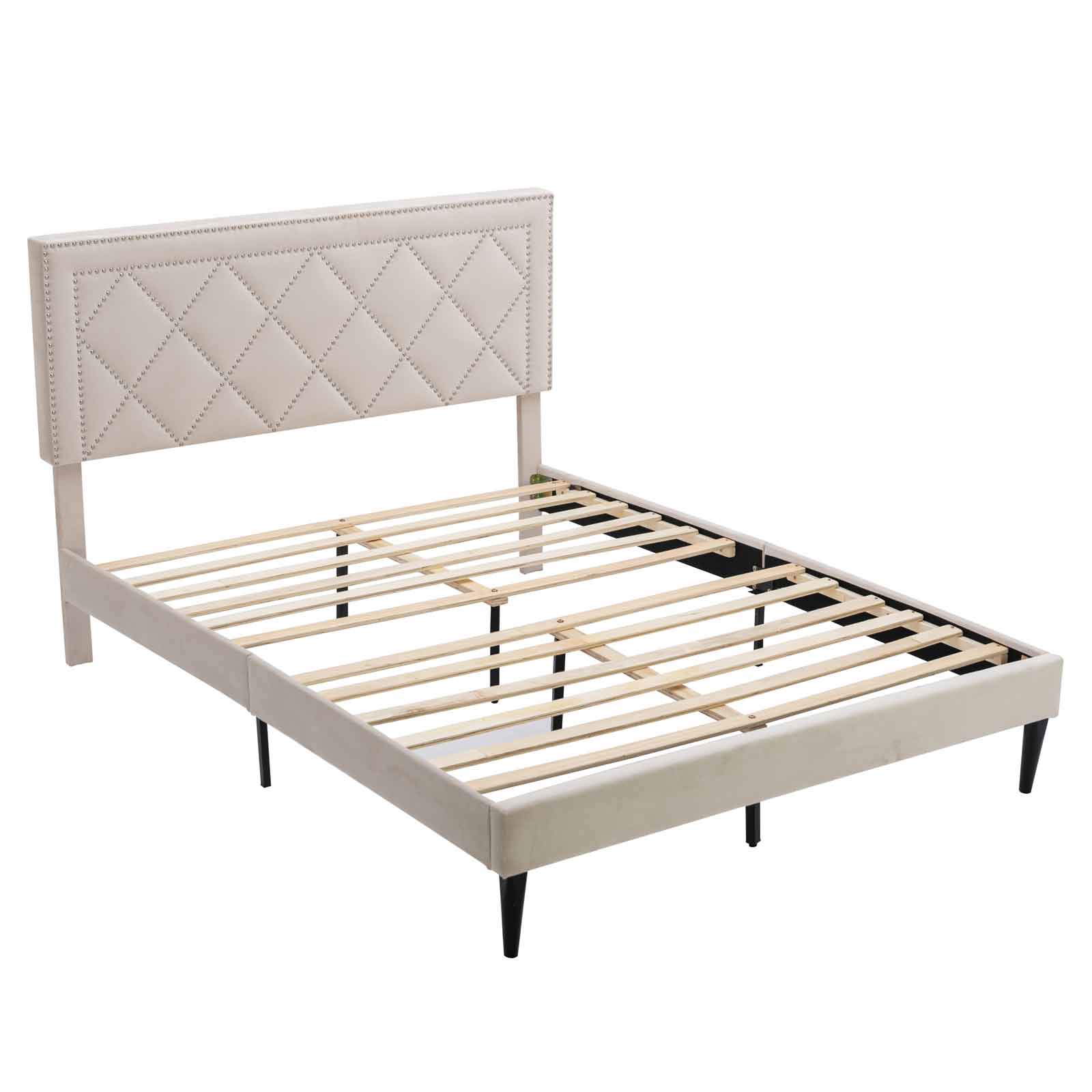 Fashion Style Queen Size Bed Platform Bed with Wooden Frame and Nailhead Trim