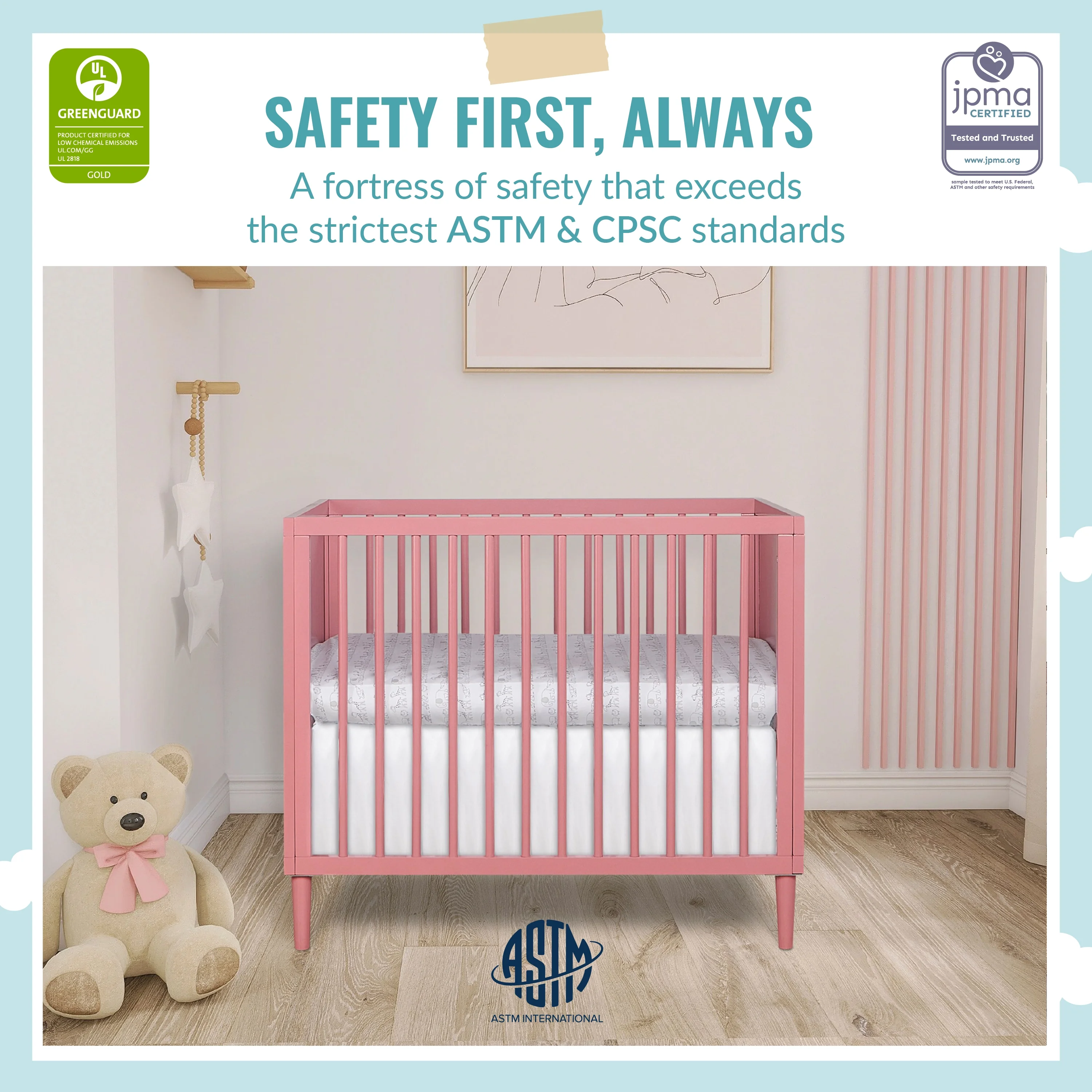 Dream On Me Lucas Mini Modern Crib with Rounded Spindles, Rose