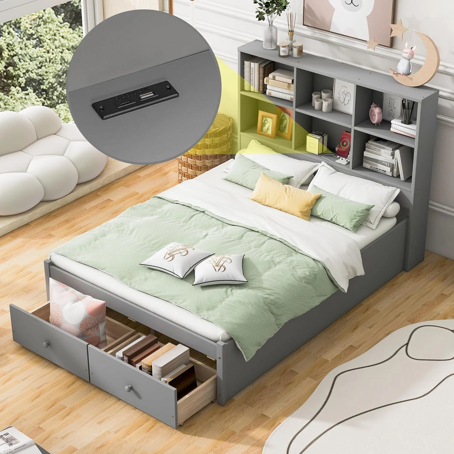 Full Size Storage Bed With Bookcase Headboard Ad 2 Drawers, Wood Platform Bed Frame With Chargig Statio, For Kids Tees Adults, o Box Sprig eeded, Gray
