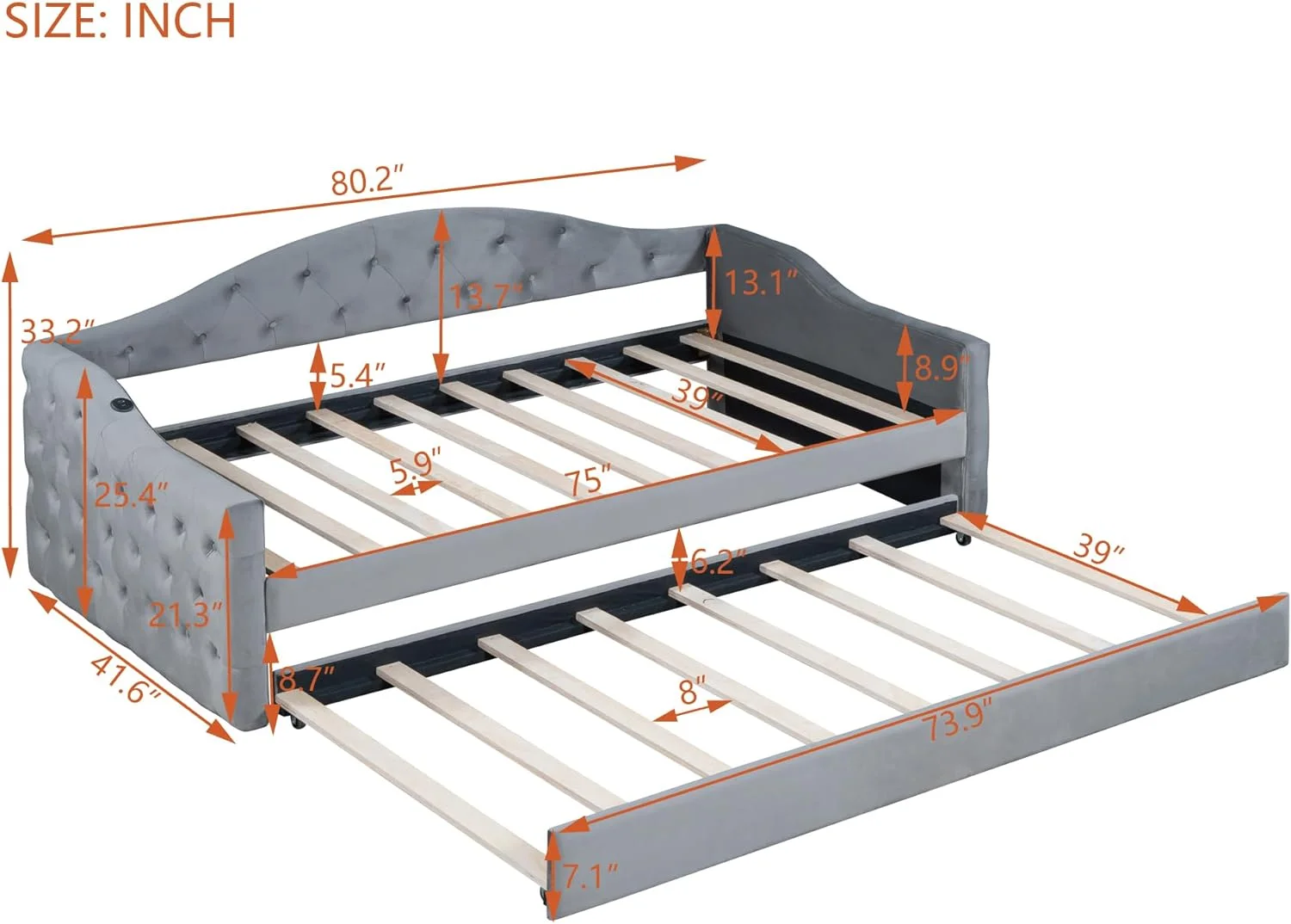 Twin Size Daybed with Trundle, Velvet Tufted Upholstered Sofa Bed with USB&Type-C Charging Ports, Modern Sofabed No Box-Spring Needed