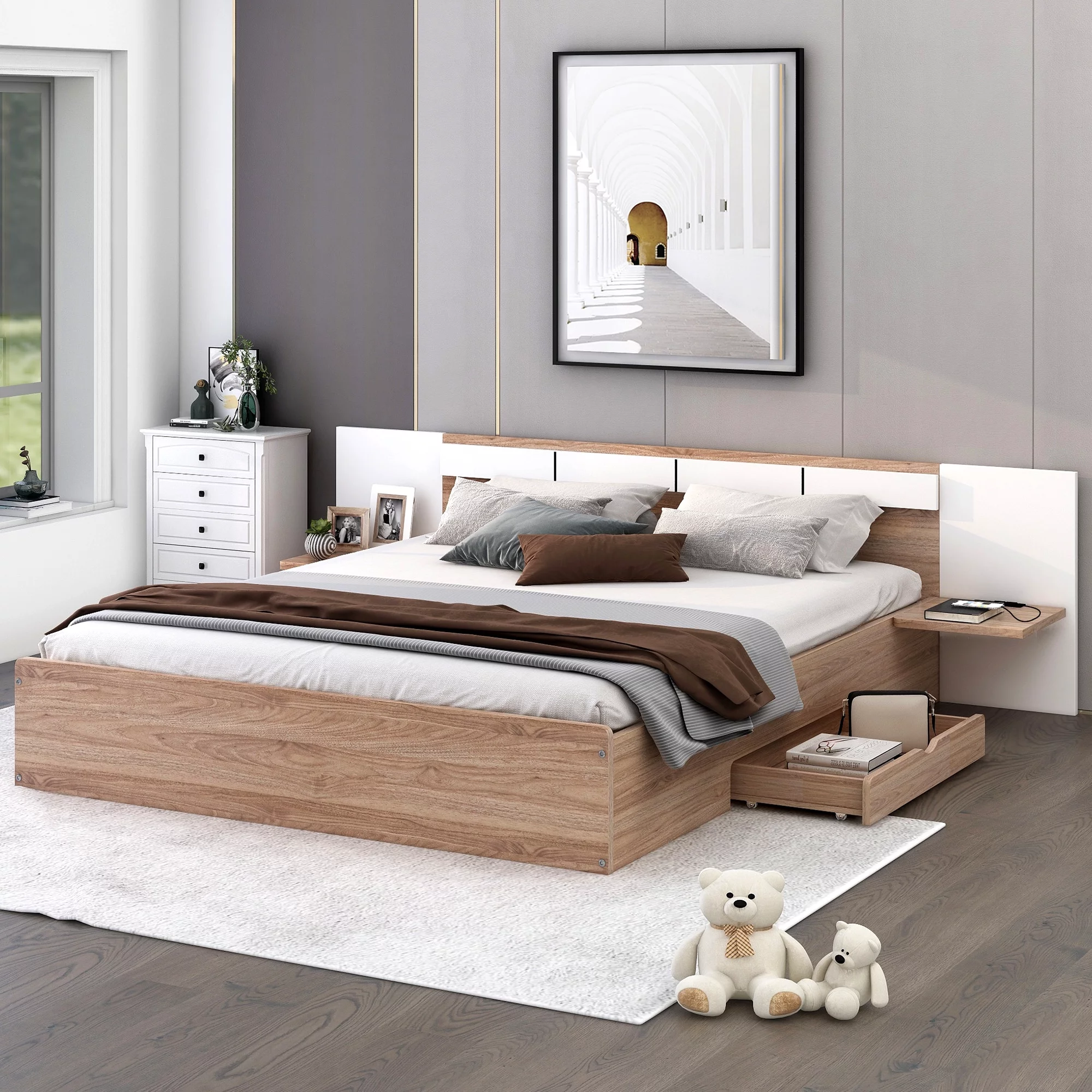 CoSoTower Queen Size Platform Bed with Headboard, Drawers, Shelves, USB Ports and Sockets, Natural
