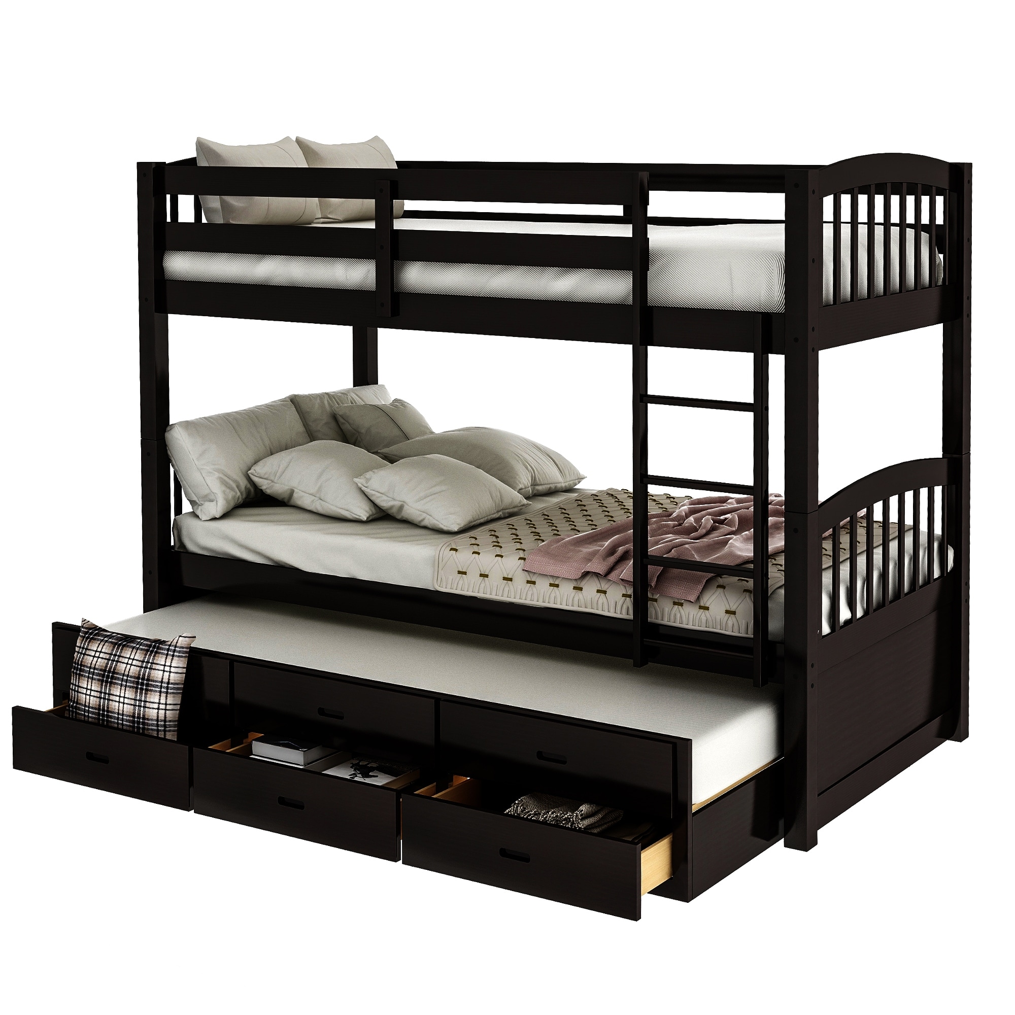 Nestfair Twin Over Twin Wood Bunk Bed with Trundle and Drawers Espresso