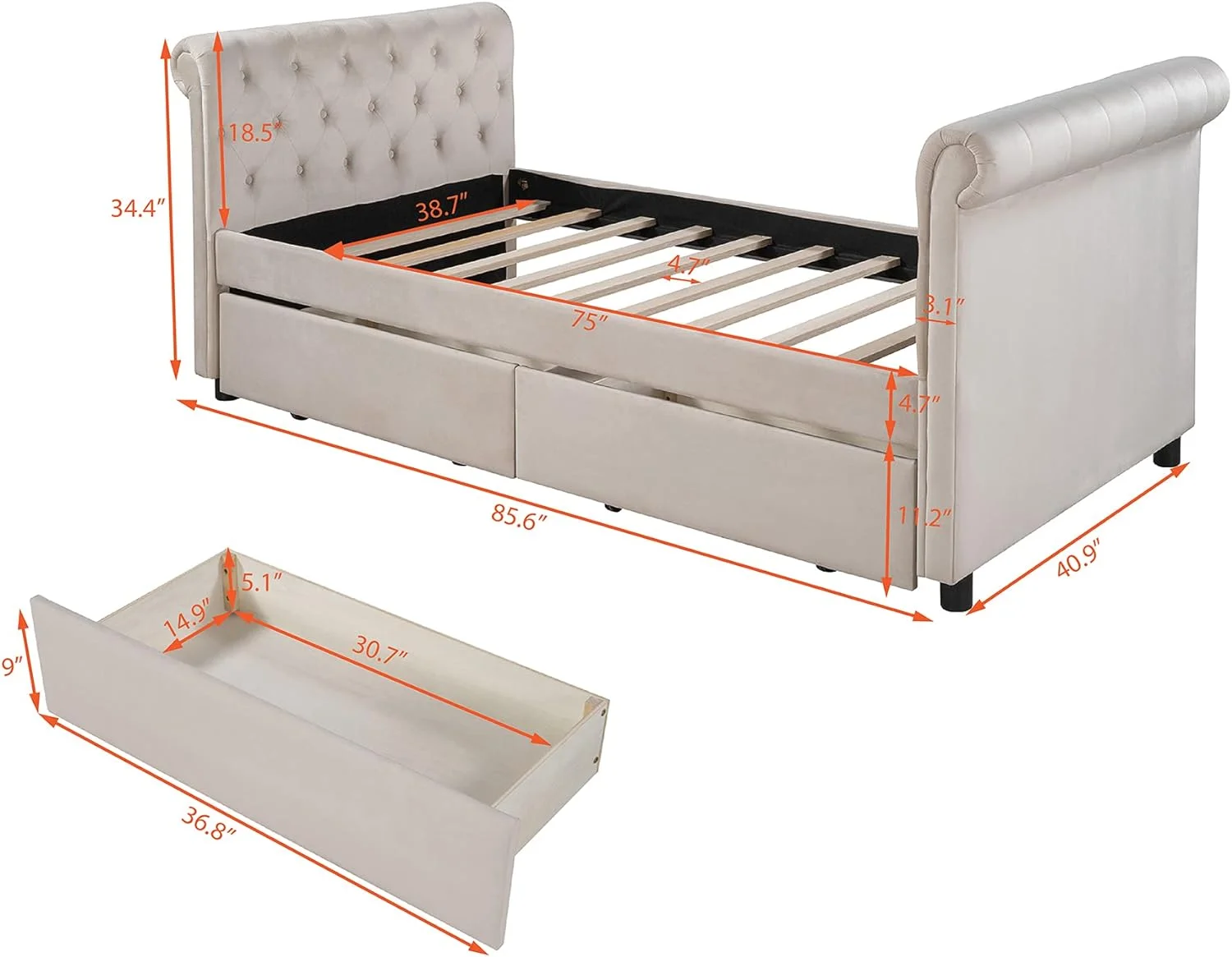 Size Upholstered Daybed With Drawers, Bed With Storage, Classic Style Sofa Bed, Wood Slat Support - Beige