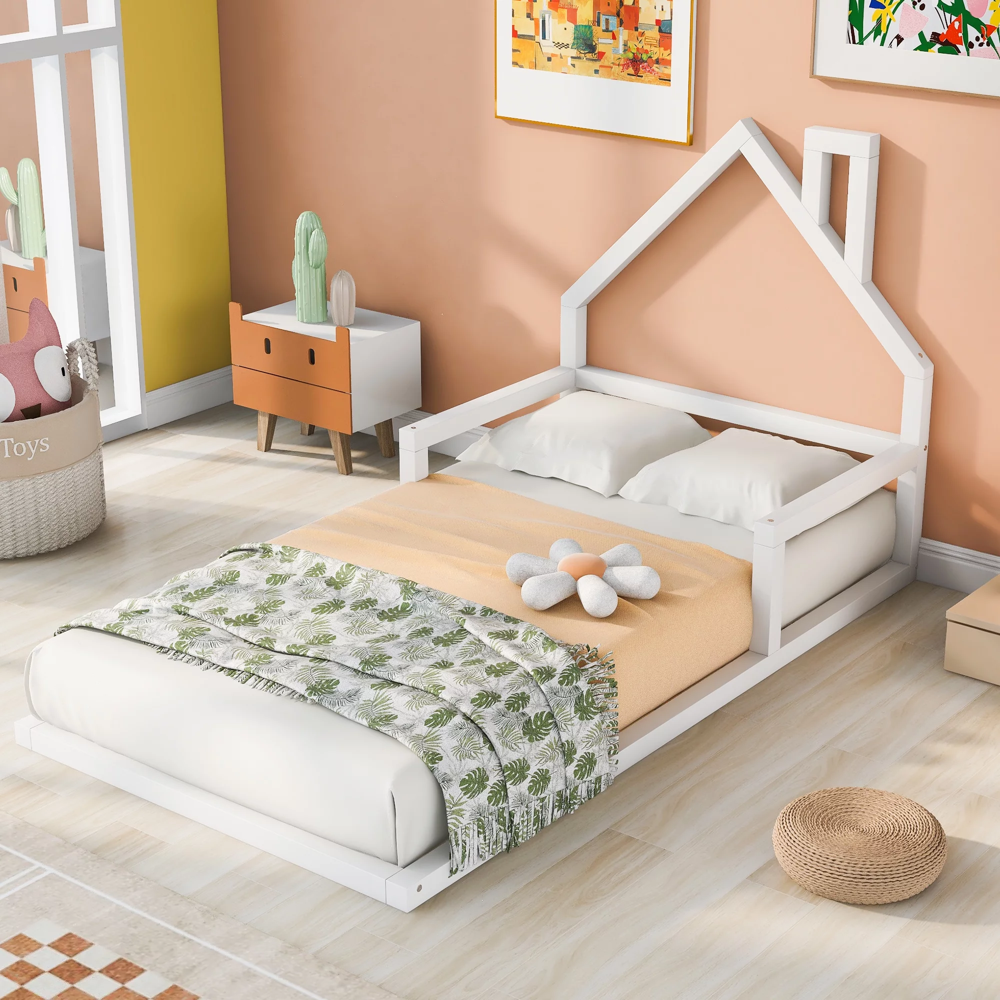 Euroco Twin Size Wood Floor Bed for Kids Room, White