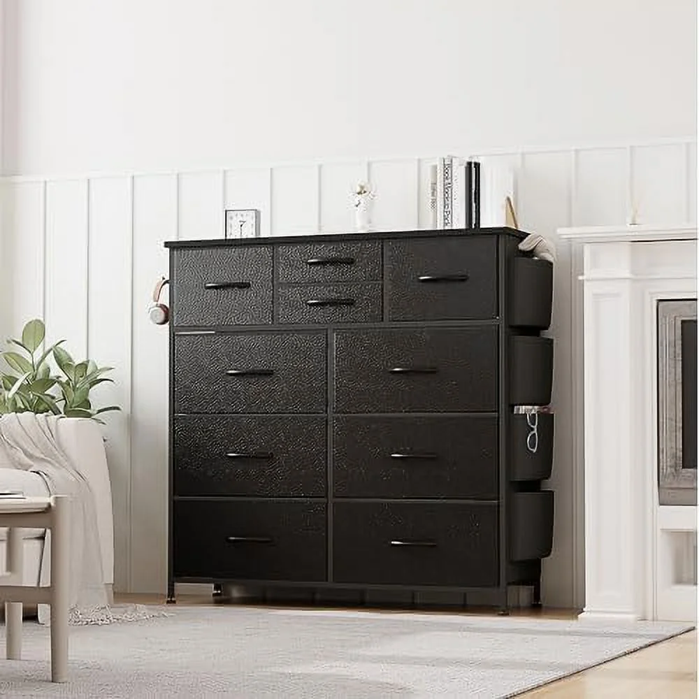 xrboomlife 10 Drawer Dresser  Chest of Drawers for Bedroom  PU Baby Dresser with Side Pockets  Hooks  Wooden Top and Sturdy Metal Frame for Living Room  Closet  Hallway  Nursery (Black)