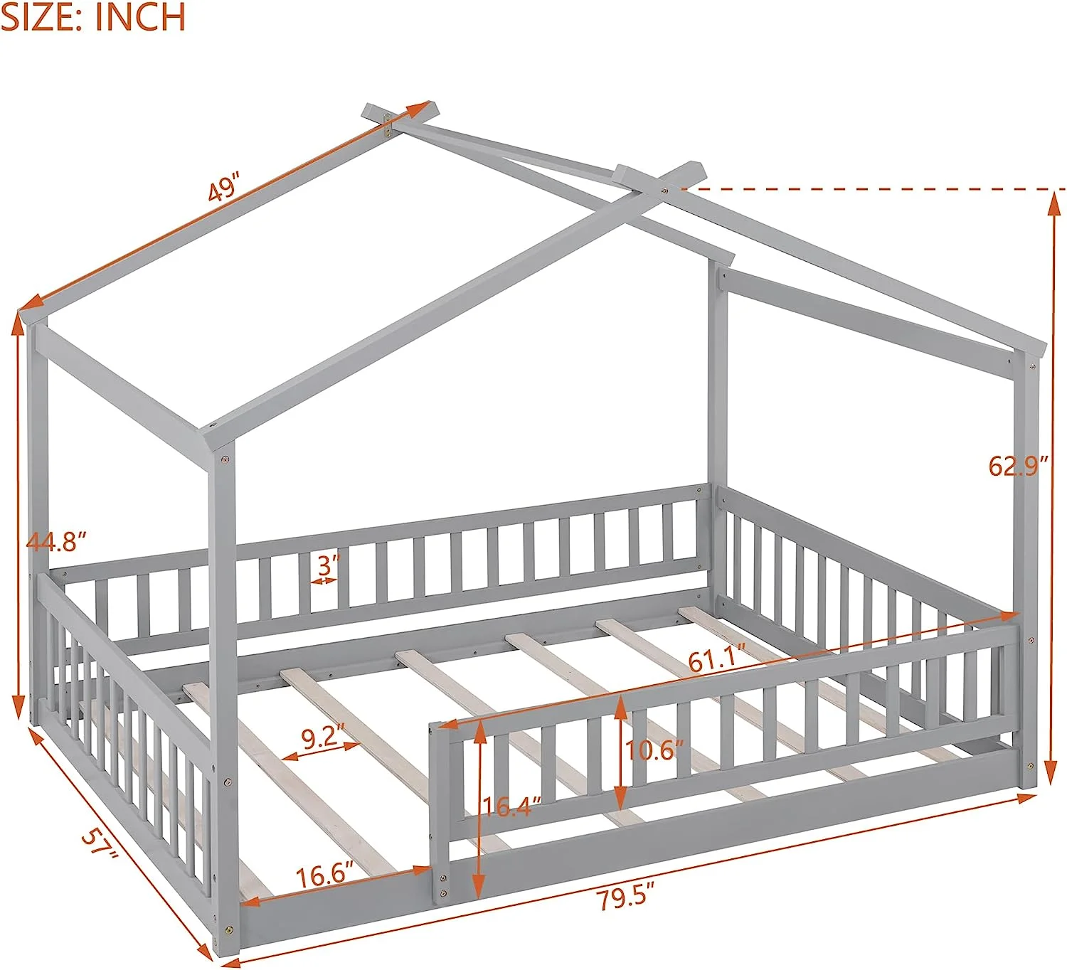 Full Size Wood Floor Bed Frame,Full House-Shaped Bed Daybed With Fece, For Kids Tees Girls Boys,Walut