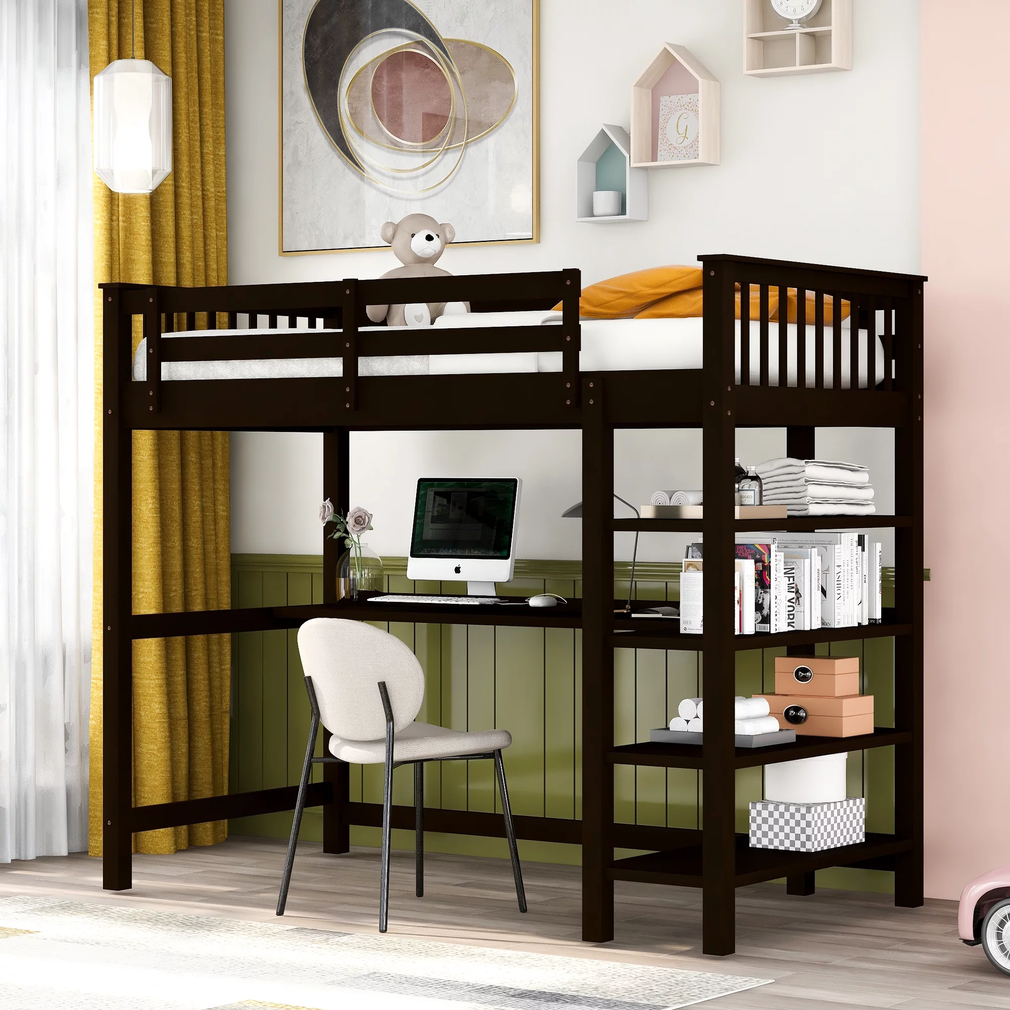 Euroco Wood Twin Loft Bed with Desk & Storage Shelves for Kids Bedroom, Espresso