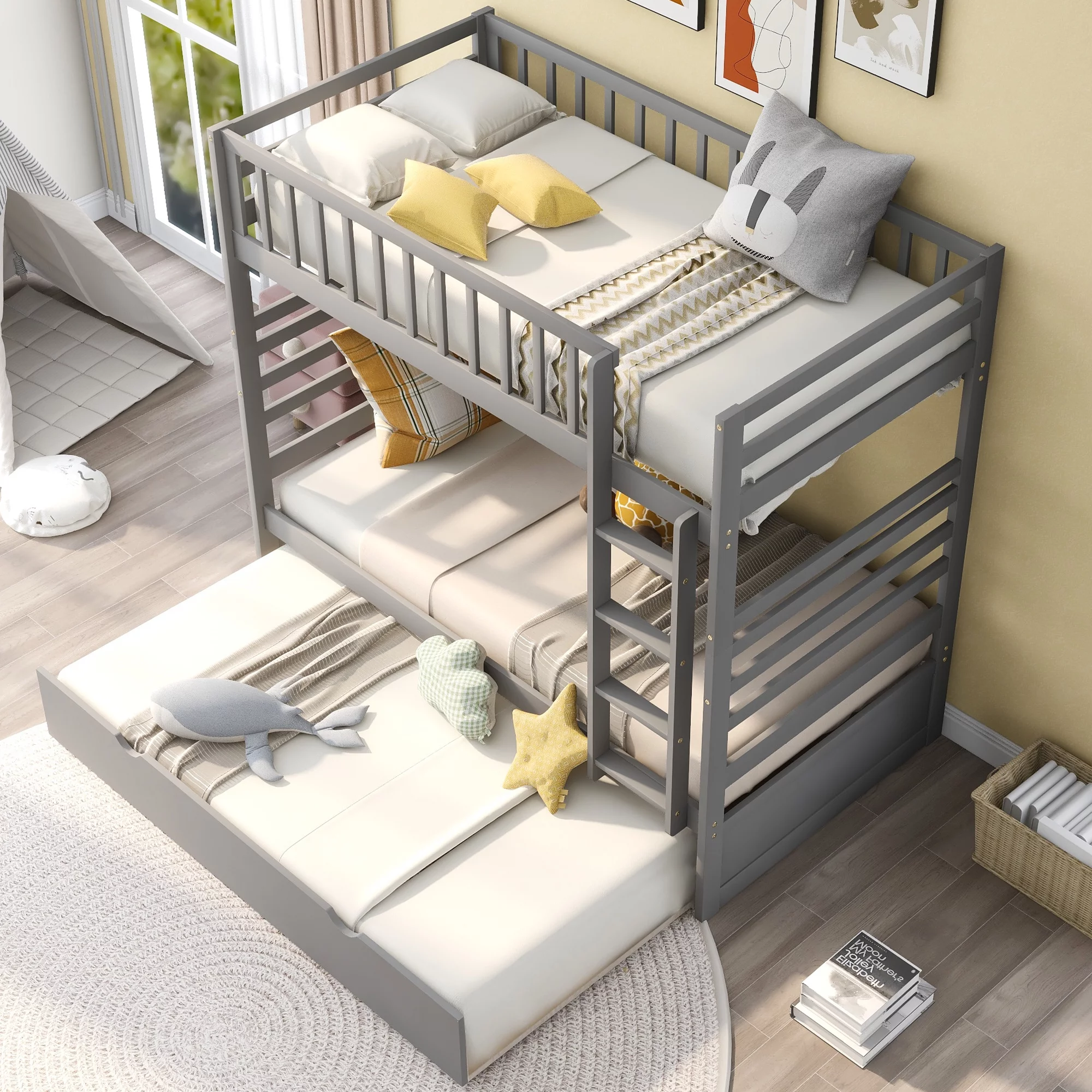 4inLoveMe Stylish Twin Bunk Beds - Solid Hardwood, Safety Rail, Movable Trundle - Kids Bedroom Furniture