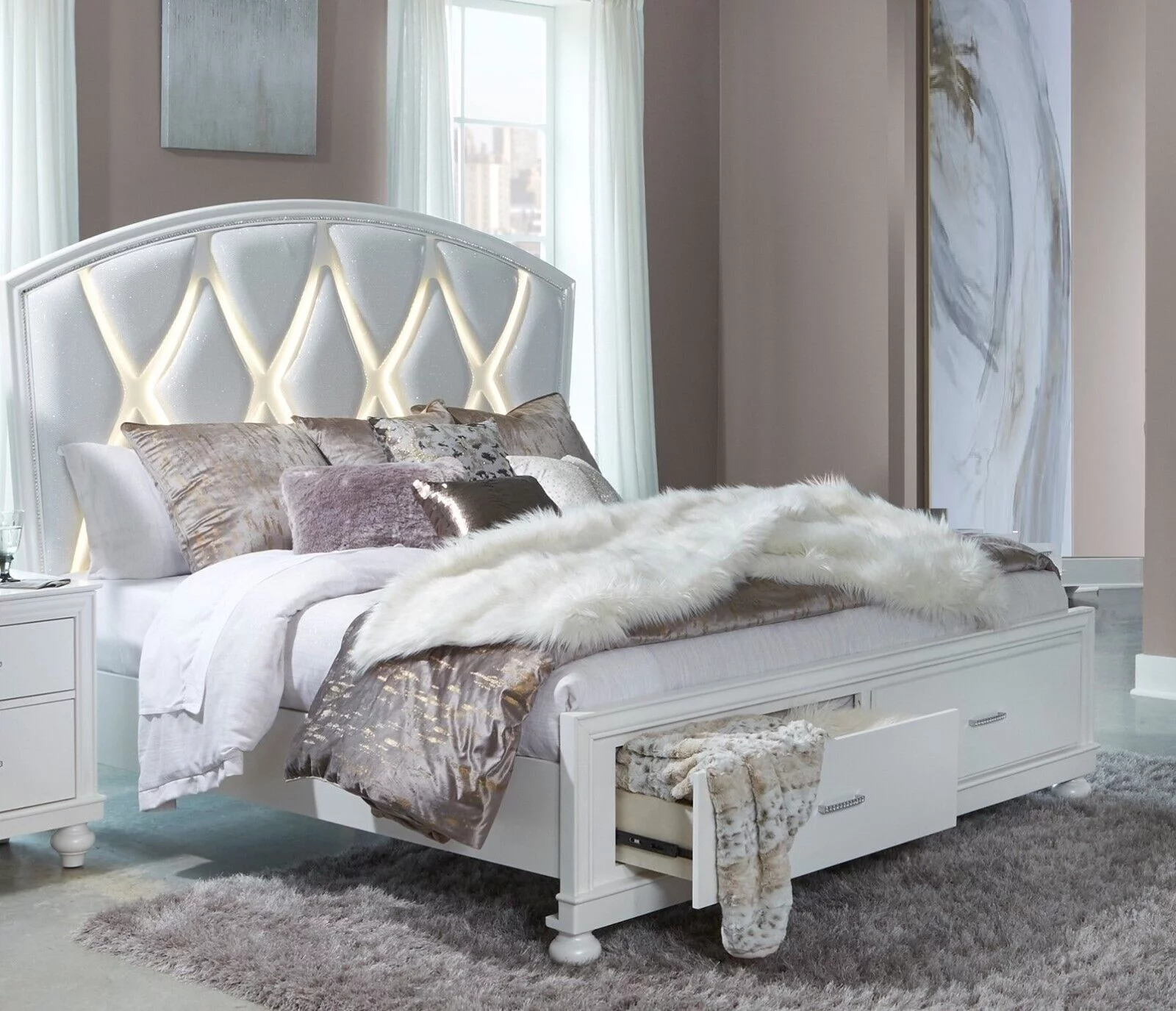 Modern Glam Queen Size Platform LED Light Bed Footboard Drawers White Finish Wooden Bedroom Furniture
