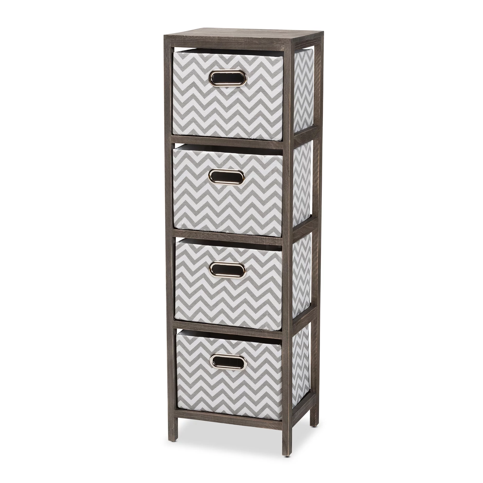 Baxton Studio Jorah Modern and Contemporary Grey and White Fabric Upholstered Greywashed Wood 4-Basket Tallboy Storage Unit