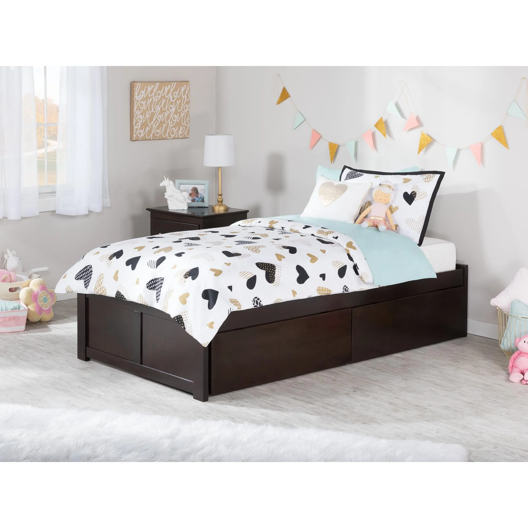 Concord Platform Bed with Flat Panel Foot Board and 2 Urban Bed Drawers, Multiple Colors, Multiple Sizes