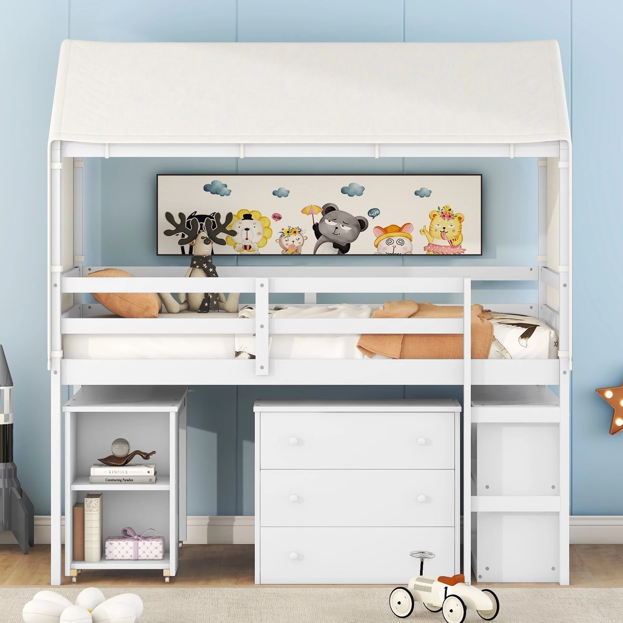 Twin House Bed with Rolling Cabinet, Shelf and Tent, Solid Wood Loft Bed Frame with Safety Guardrail for Teenagers and Adults(White, Twin)