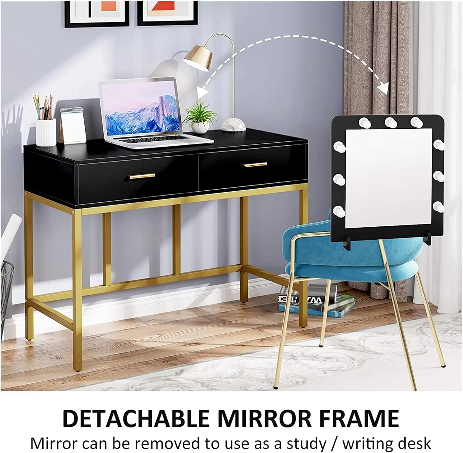 Glavbiku Modern Makeup Vanity Table with 2 Drawer 9 Light Mirror Dresser Set for Bedroom Black,Adult