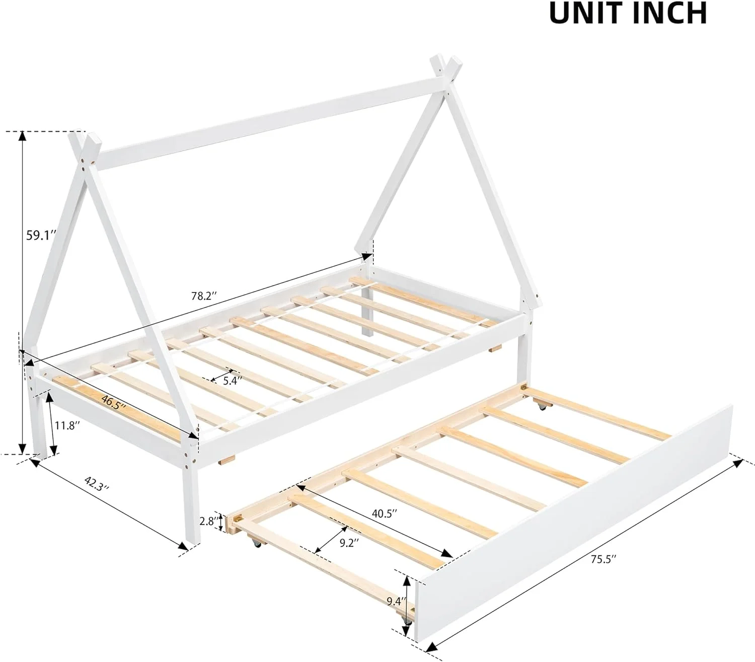 Kids House Bed With Trudle, Size Tet Bed For Kids, Teepee Bed Frame, Woode Motessori Bed For Girls Boys Bedroom Furiture, White