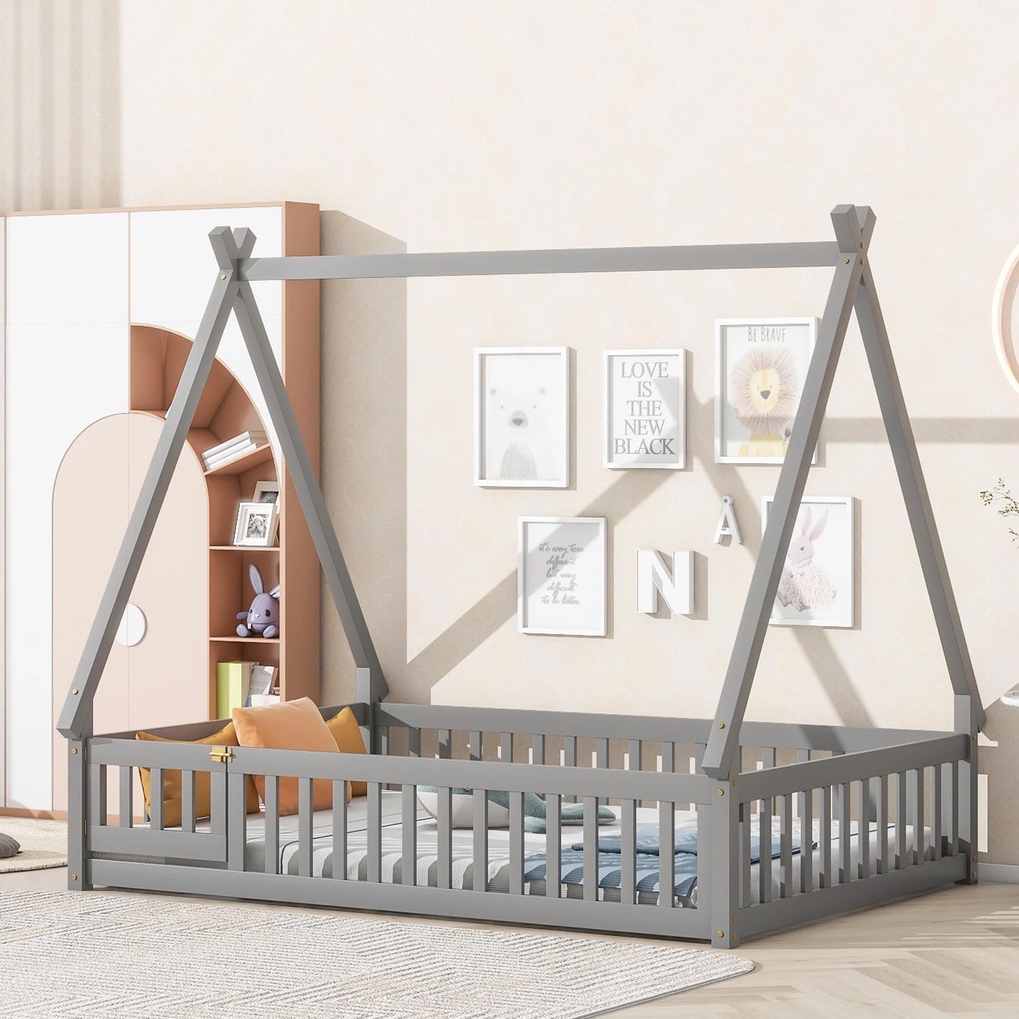 Bellemave Full Size Montessori Floor Bed, Wood Kids Tent-Shaped Teepee Bed with Guardrails & Door, House Toddler Bed for Girls Boys(Gray)