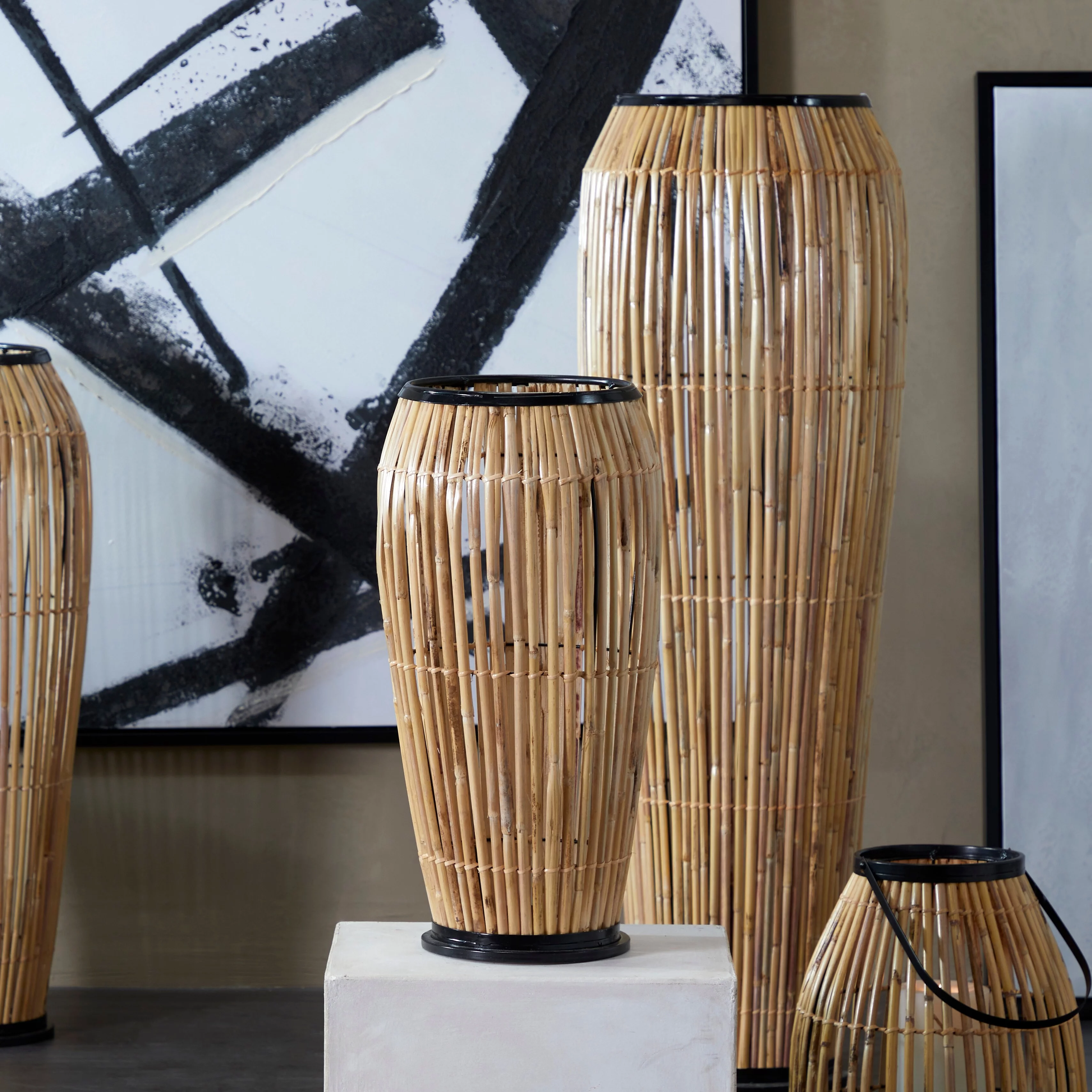 The Novogratz  Handmade Slatted Frame Vase with Black Metal Accents 15.00W x 15.00L x 46.50H - Light Brown