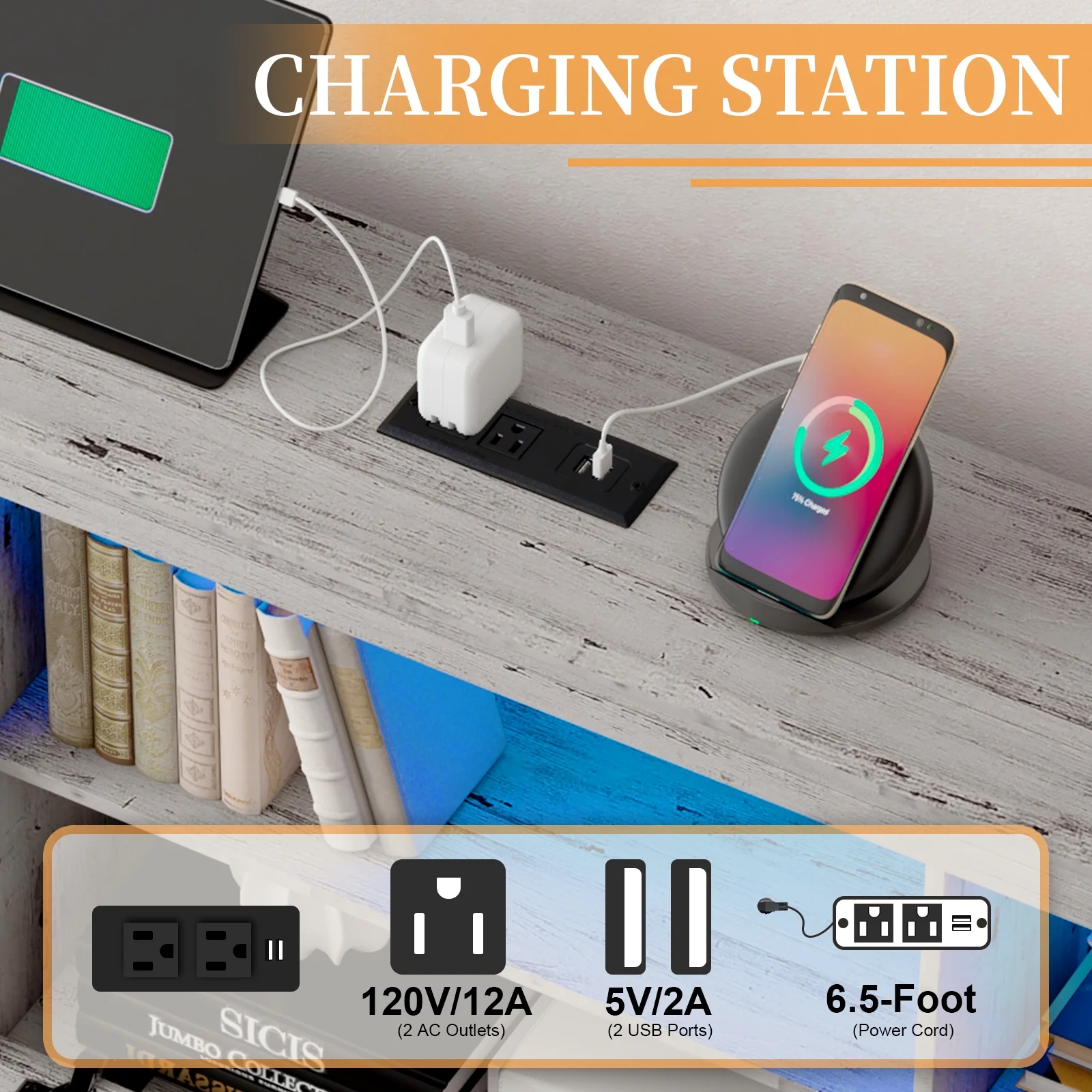 LUXOAK King Size Bed Frame with LED Bookcase Headboard, 4 Drawers Wooden Storage Bed with Charging Station, White Birch