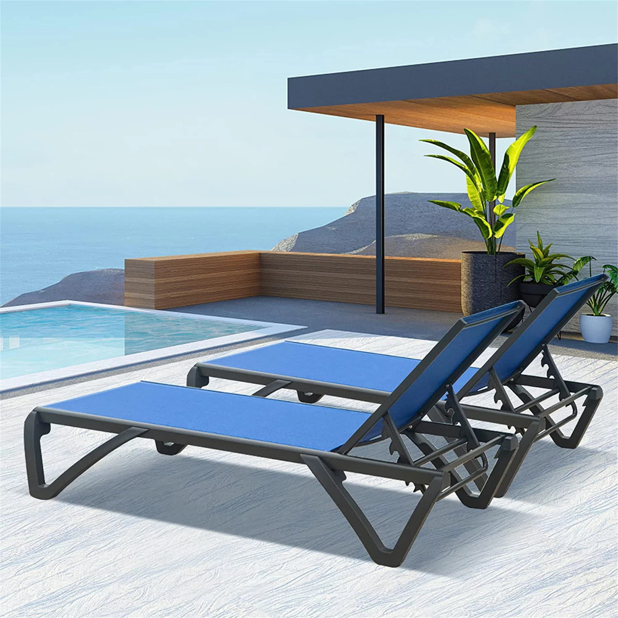 Patio Chaise Lounge Outdoor Aluminum Polypropylene Chair Poolside Sunbathing Chair with Adjustable Backrest for Beach,Yard,Balcony (Blue)
