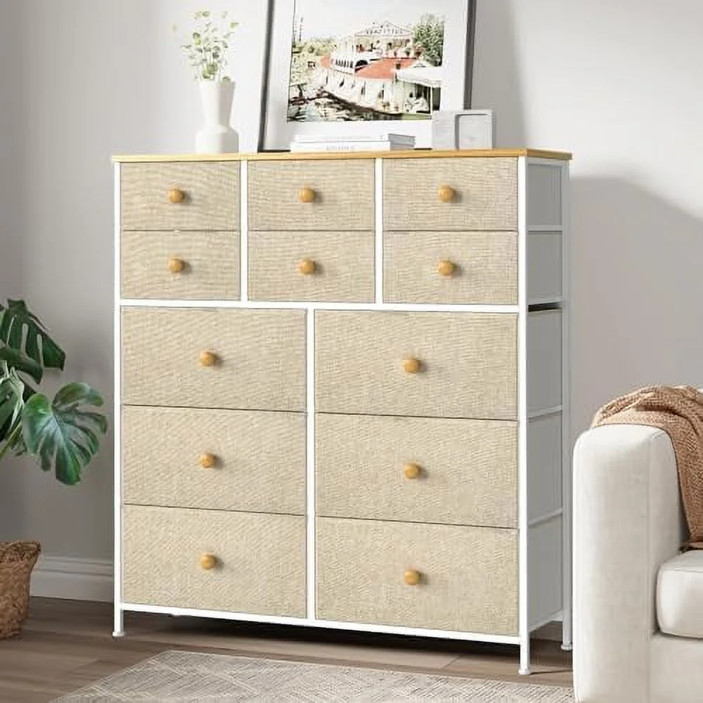12 Drawer Dresser for Bedroom Chest of Drawers Closets Units Organizer Large Capacity Steel Frame Wooden Top Living Room Entryway Office (Taupe)