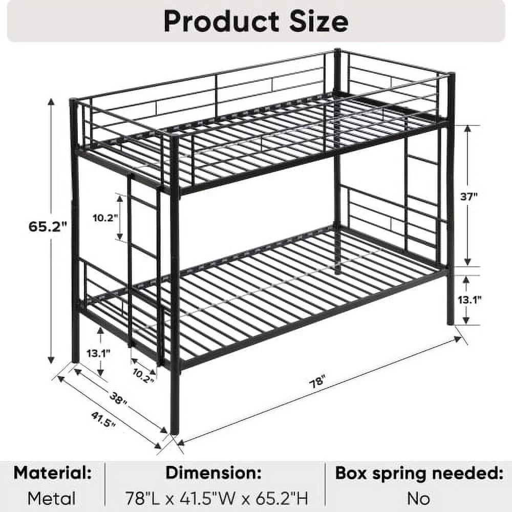 Hcore Bunk Bed Twin Over Twin Size with 2 Ladders and Full-Length Guardrail, Metal, Storage Space, No Box Spring Needed, Noise Free, Black
