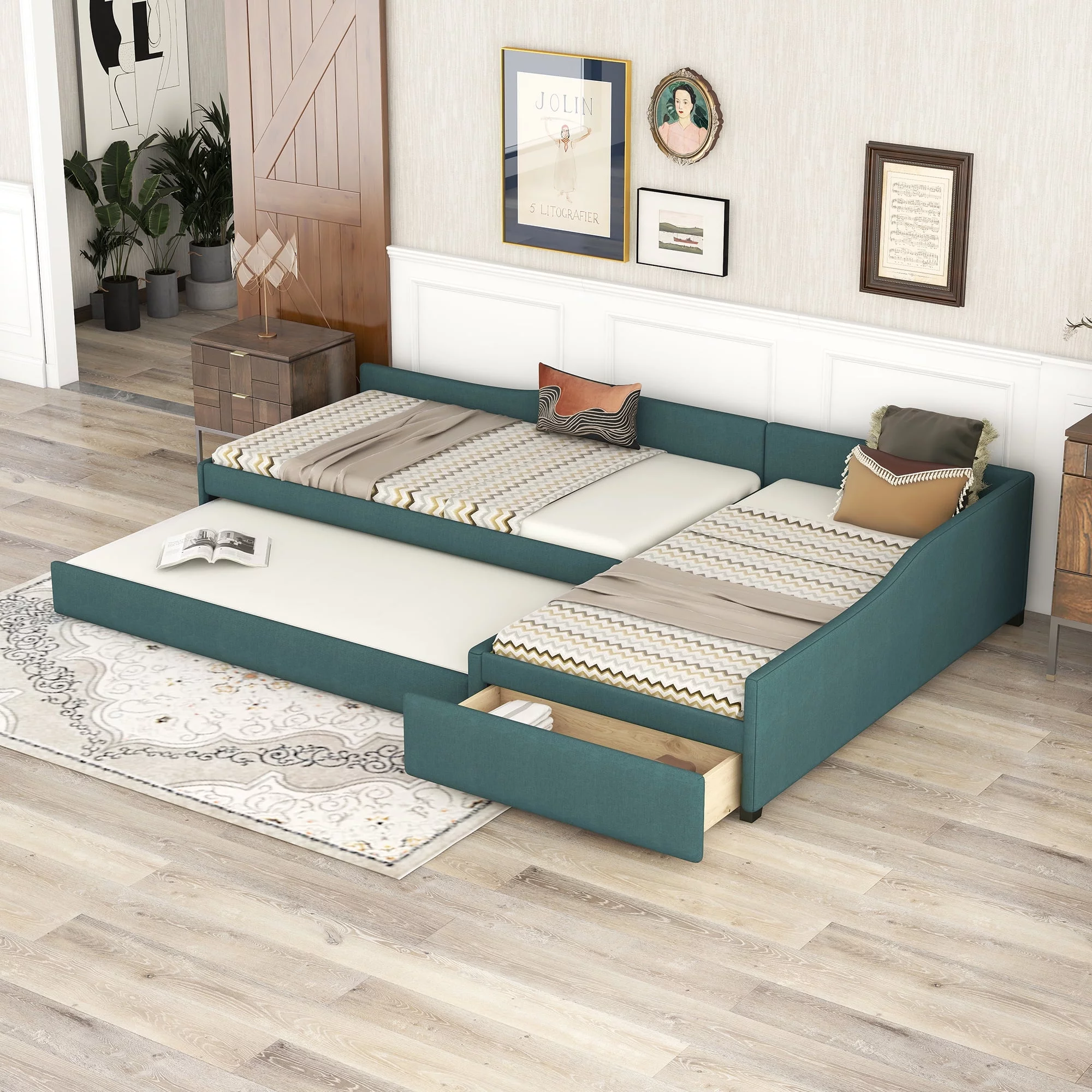 CoSoTower Upholstered Double Twin Size Daybed with Trundle and Drawer, Green
