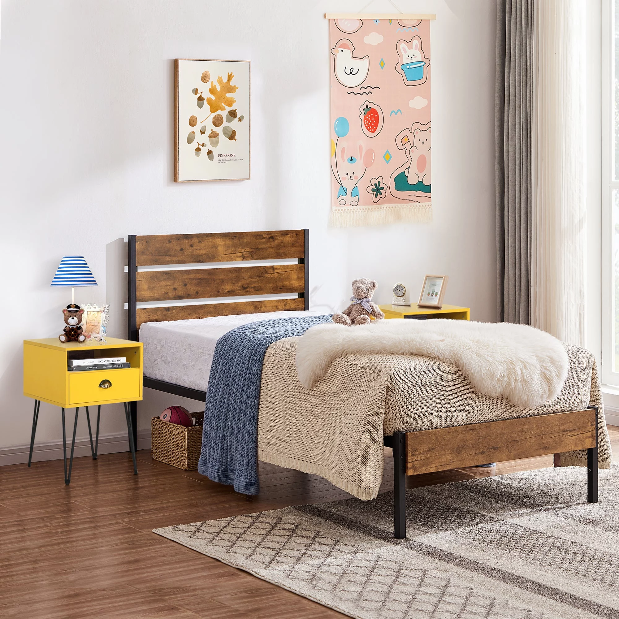 VECELO 3-Piece Bedroom Set Metal Bed Frame with Wooden Headboard and 2 Nightstand, Twin Size