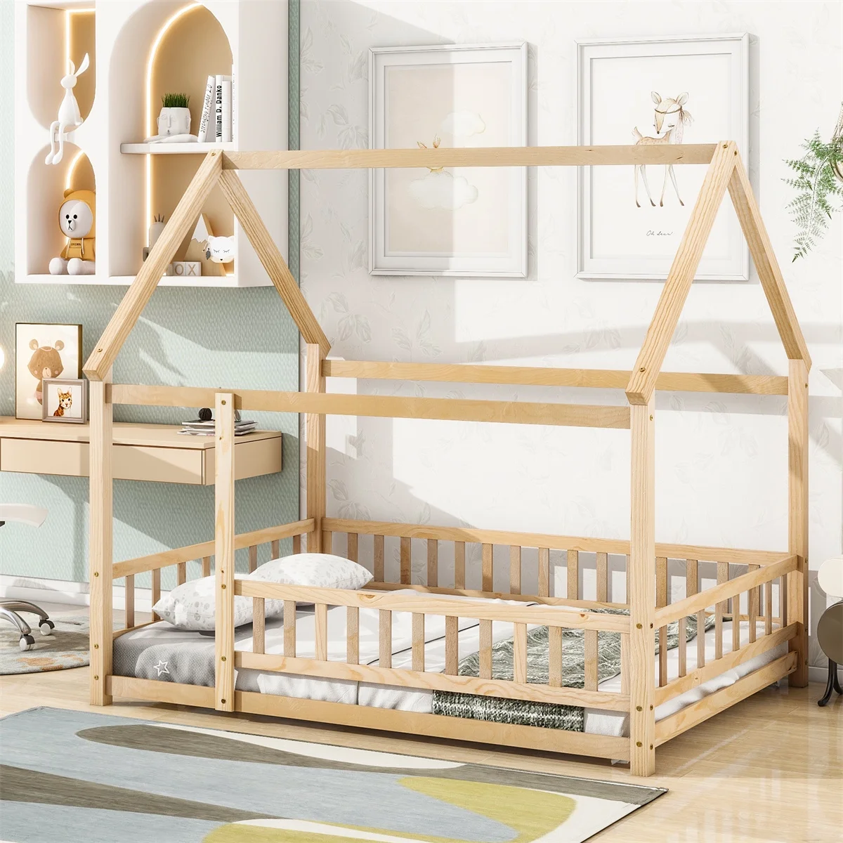 Wood House Bed Floor Bed with Fence Guardrails and Roof