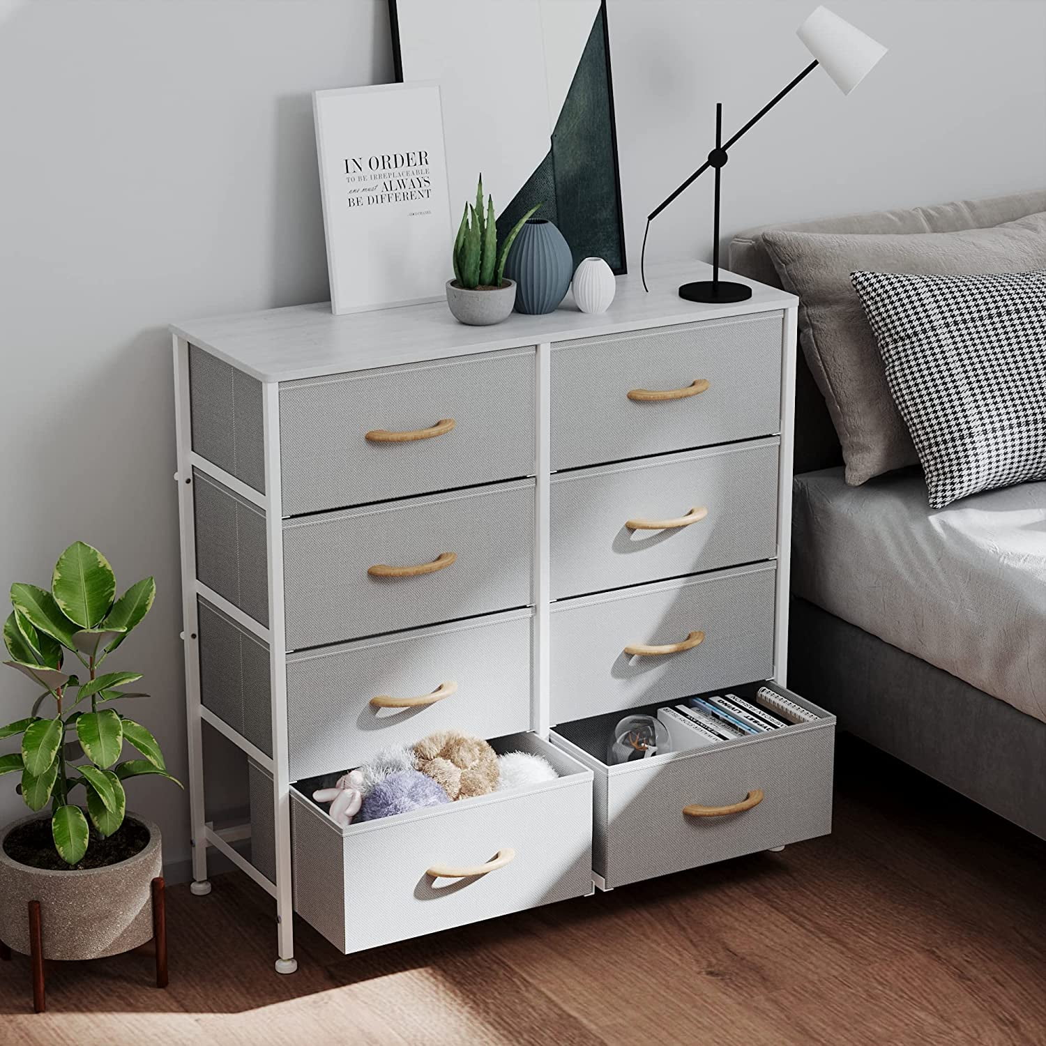 resser with 8 Drawers- Furniture Storage Tower Unit for Bedroom, Hallway, Nursery, Entryway, Closets, Sturdy Steel Frame, Easy Pull Fabric Bins & Wooden Top