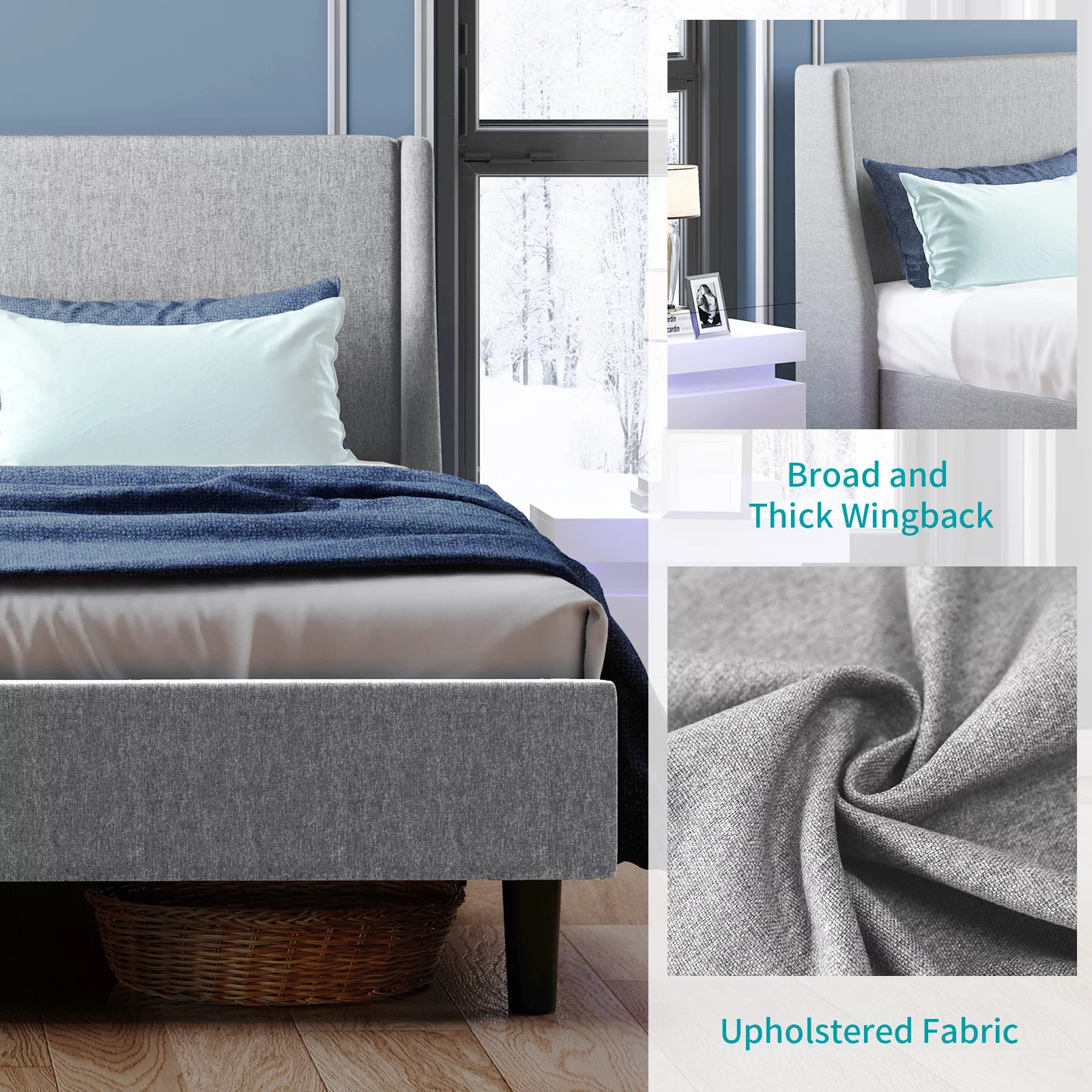 Mjkone King Size Platform Bed Frame with Headboard, Stylish Wingback Bed Frame with Wood Slat Support, No Box Spring Needed, Easy Assembly, Light Grey