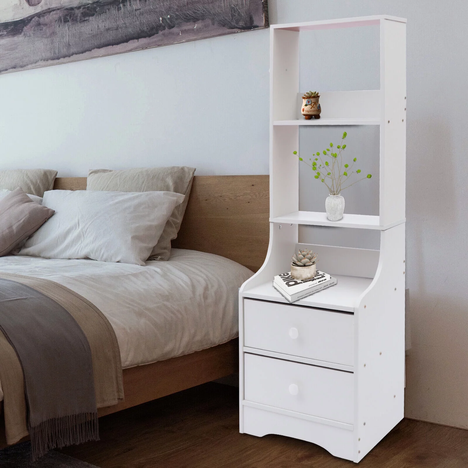 Modern White Tall Bed End Table, Nightstand Bed End Table 2 Drawer Cabinet Bedroom Side Table 14.57*11.81*44.88in, Smooth&Waterproof