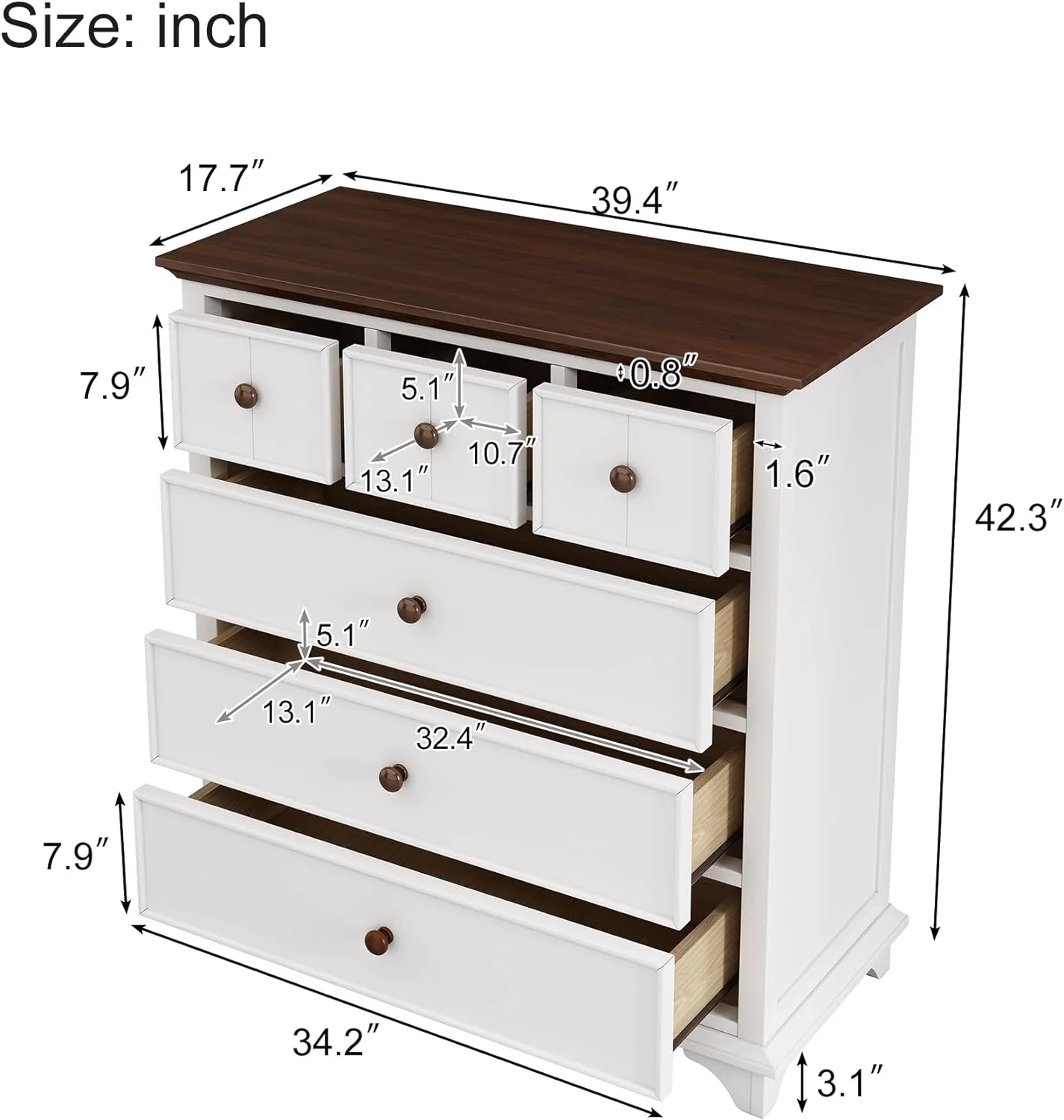 6 Drawers Chest Woode Captai Six-Drawer Chest With 3 Small Drawers Ad 3 Log Drawers Bedroom Storage Chest For Bedroom, Livig Room, Etryway (White+Walut)