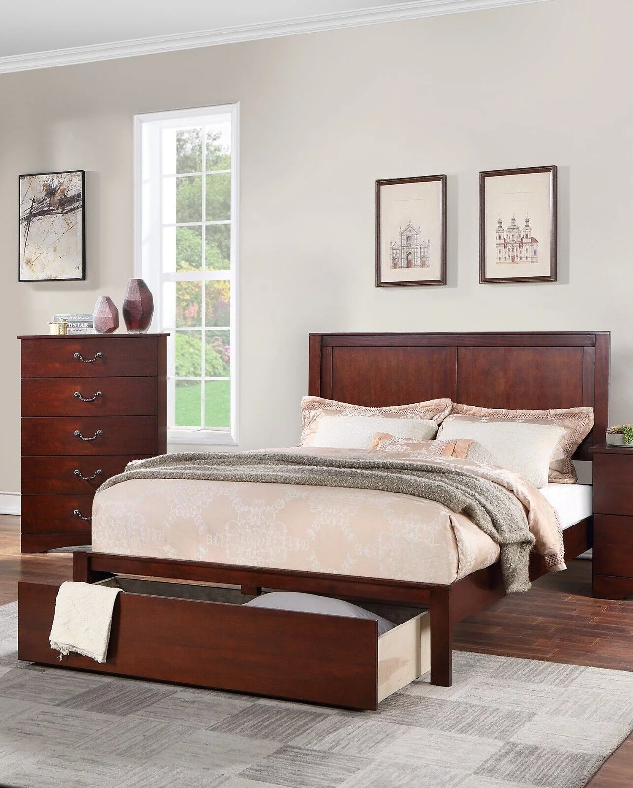 Transitional 1pc Queen Size Bed w Storage underbed Drawer Brown Finish Beautiful Bedframe Bedroom Furniture