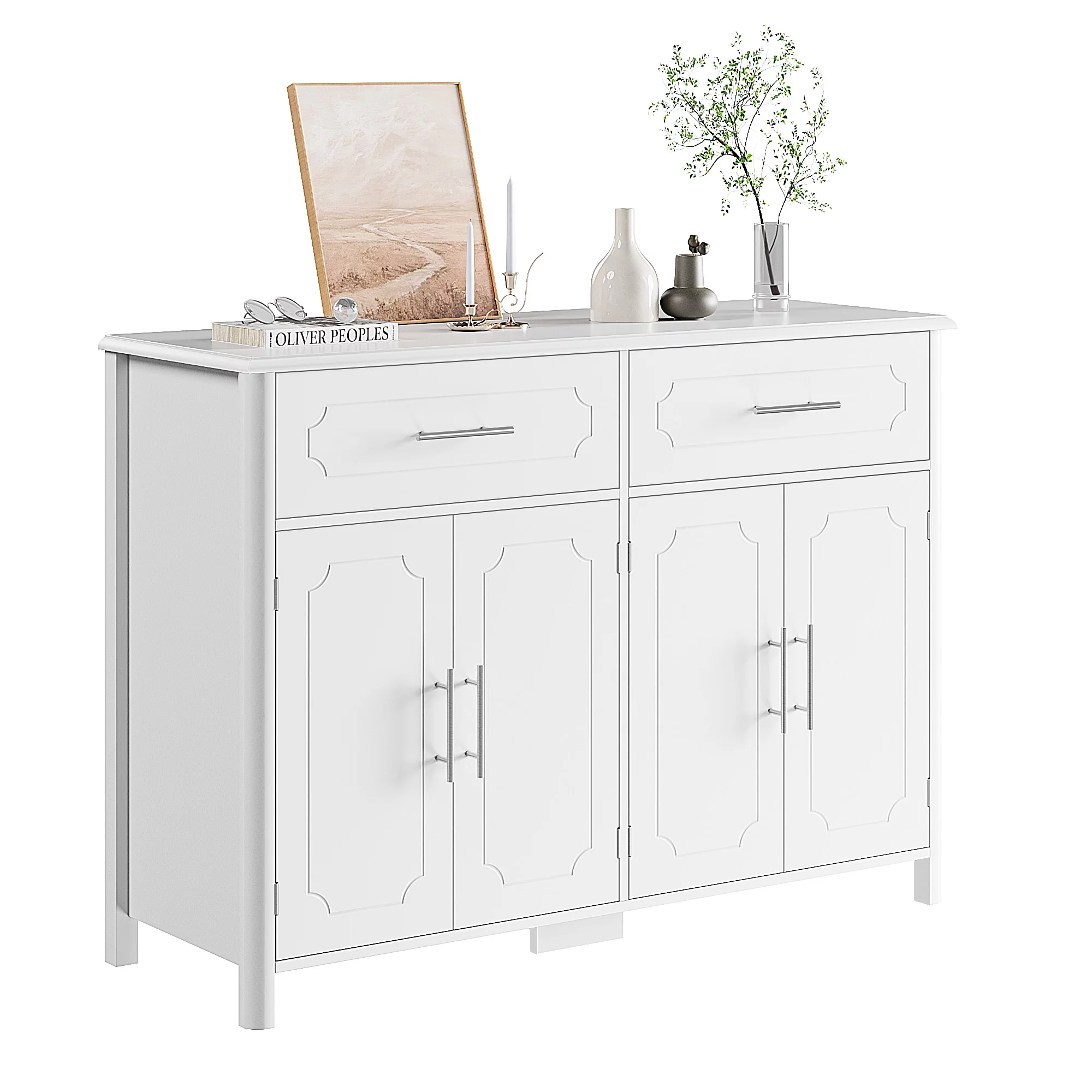 Homfa Kitchen Sideboard Buffet Cabinet with 2 Drawers & 4 Doors, Modern Coffee Bar Cabinet for Living Room, White